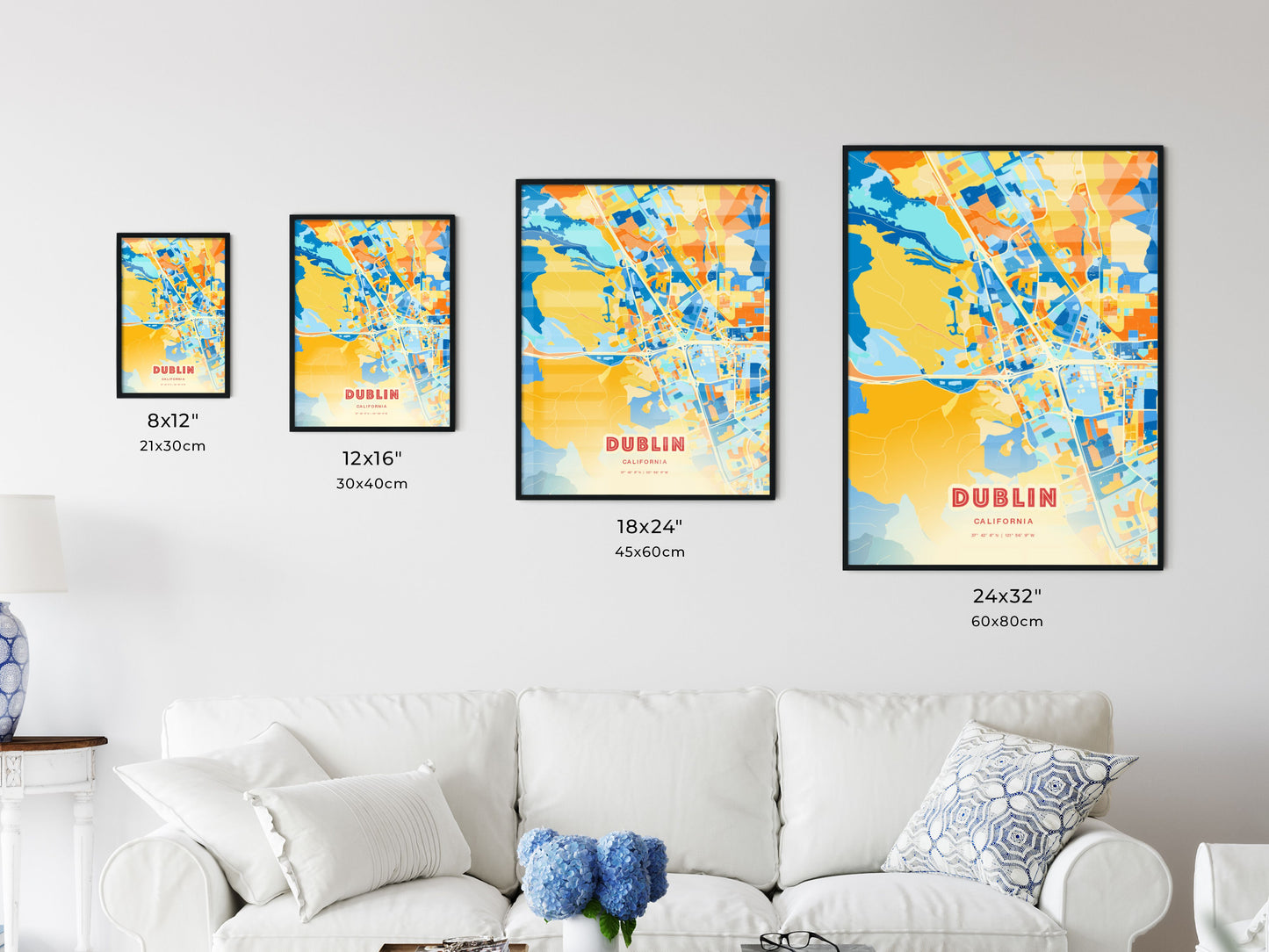 Colorful DUBLIN CALIFORNIA Fine Art Map Blue Orange