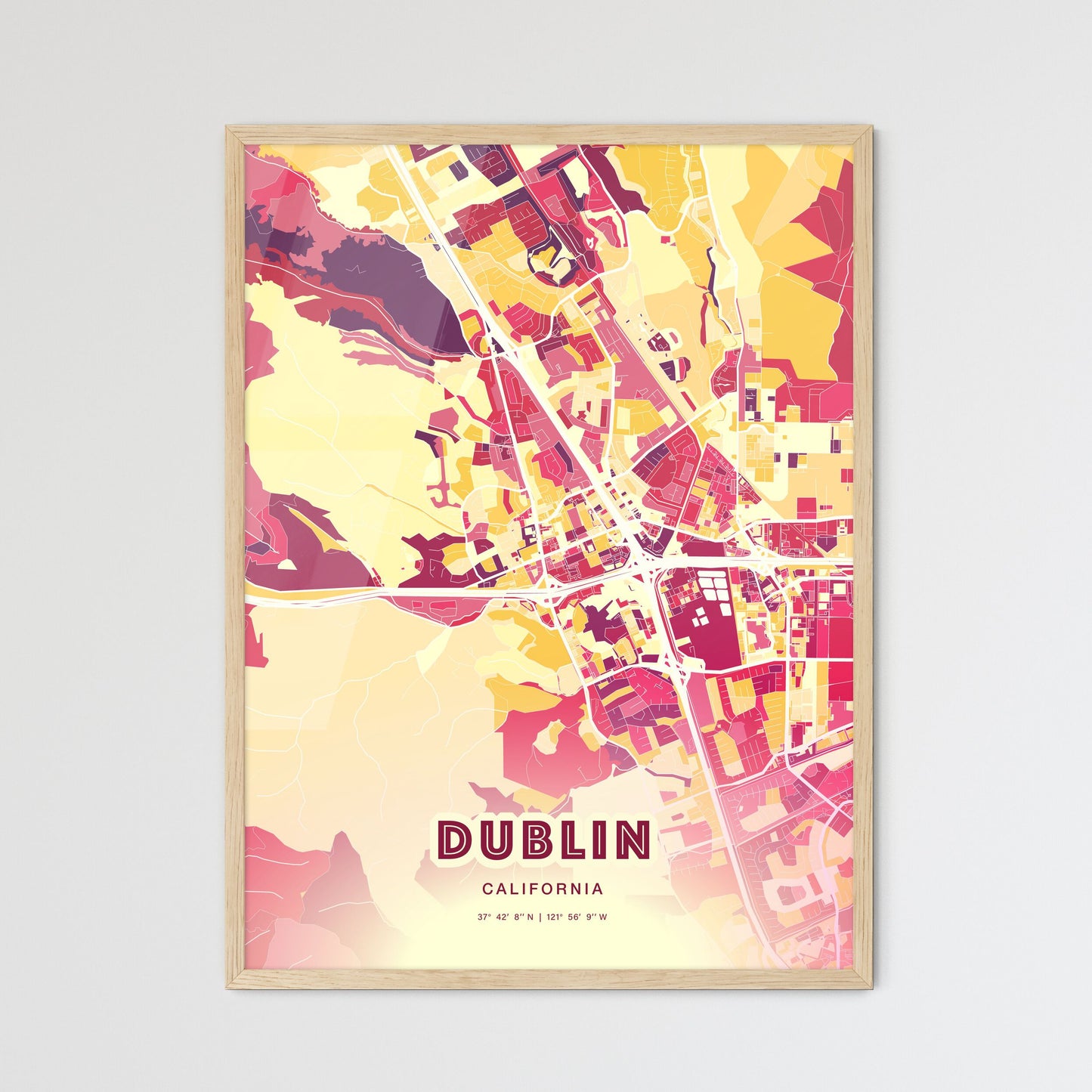 Colorful DUBLIN CALIFORNIA Fine Art Map Hot Red