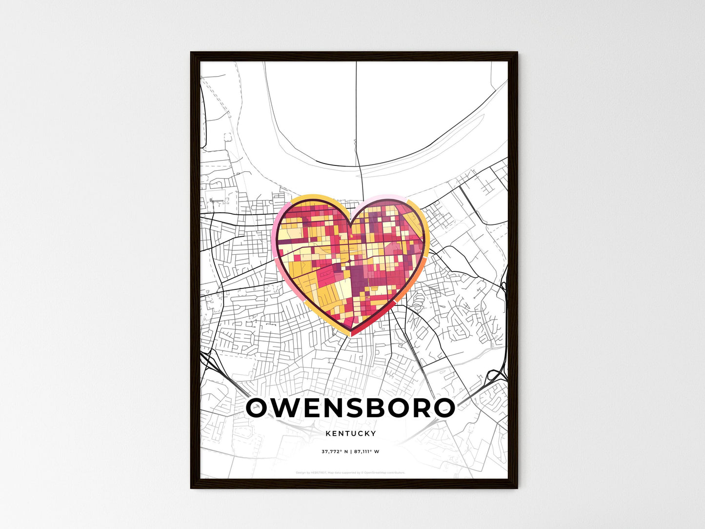 Owensboro Kentucky wedding art map with heart icon