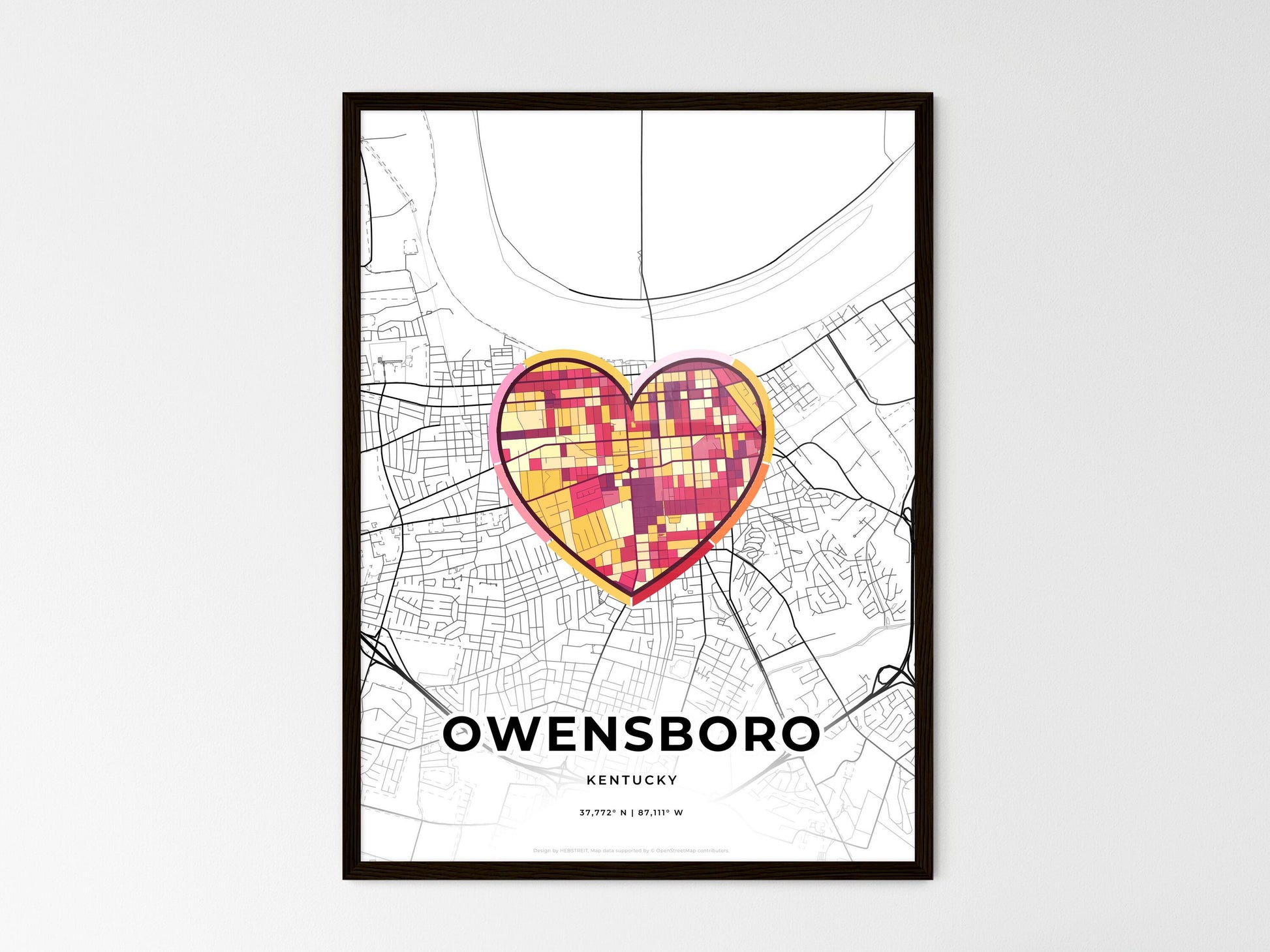 Owensboro Kentucky wedding art map with heart icon