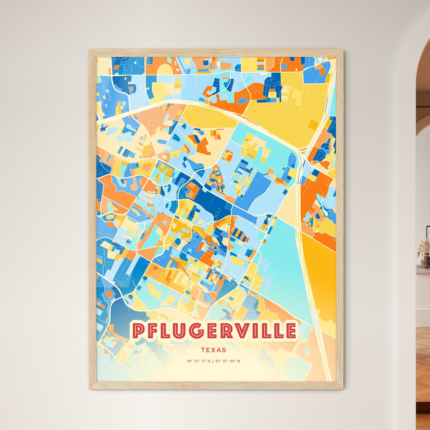 Colorful PFLUGERVILLE TEXAS Fine Art Map Blue Orange