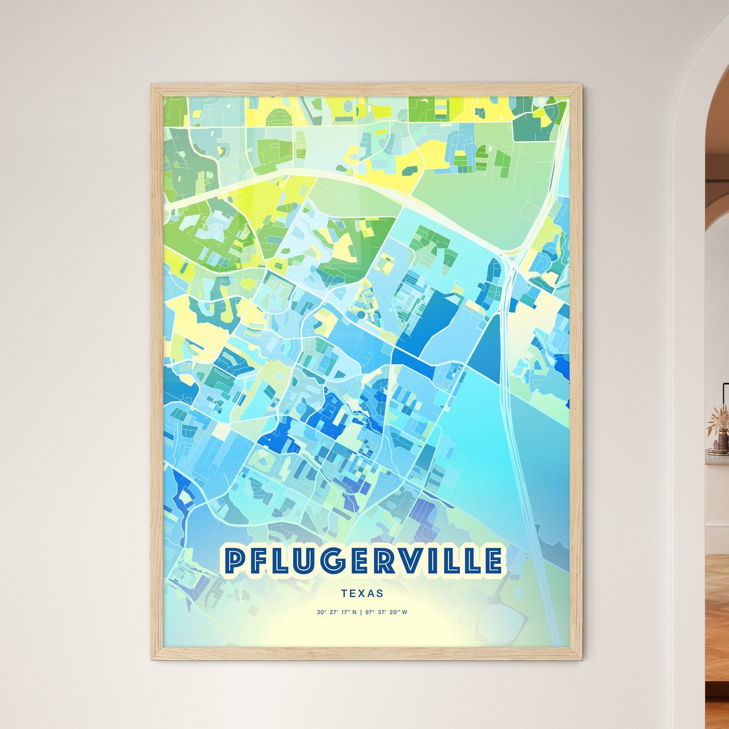 Colorful PFLUGERVILLE TEXAS Fine Art Map Cool Blue