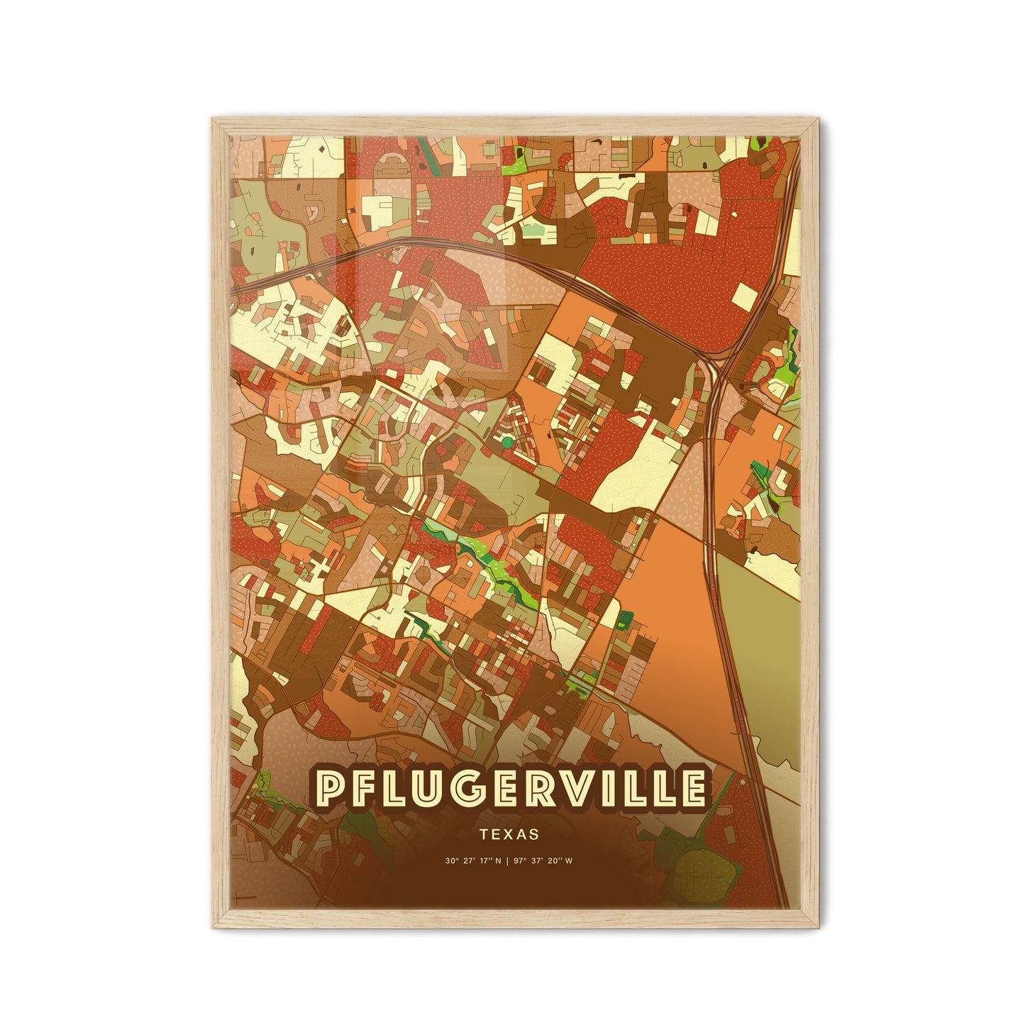 Colorful PFLUGERVILLE TEXAS Fine Art Map Farmhouse