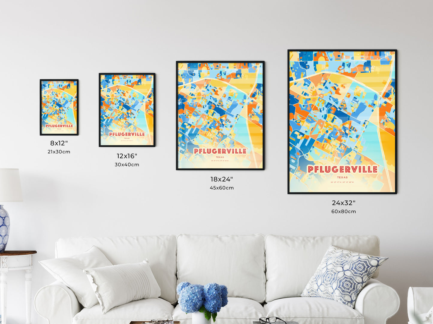 Colorful PFLUGERVILLE TEXAS Fine Art Map Blue Orange