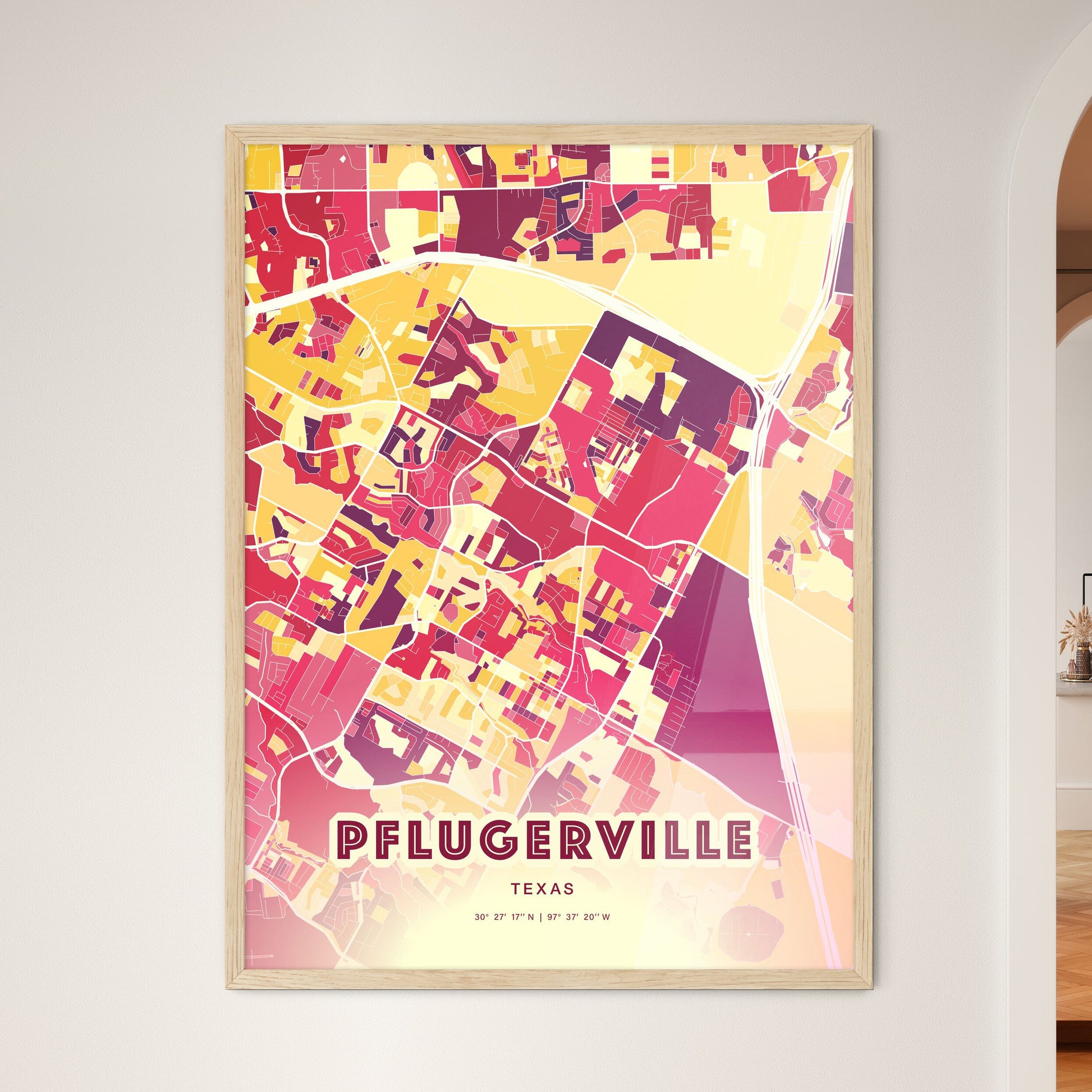 Colorful PFLUGERVILLE TEXAS Fine Art Map Hot Red