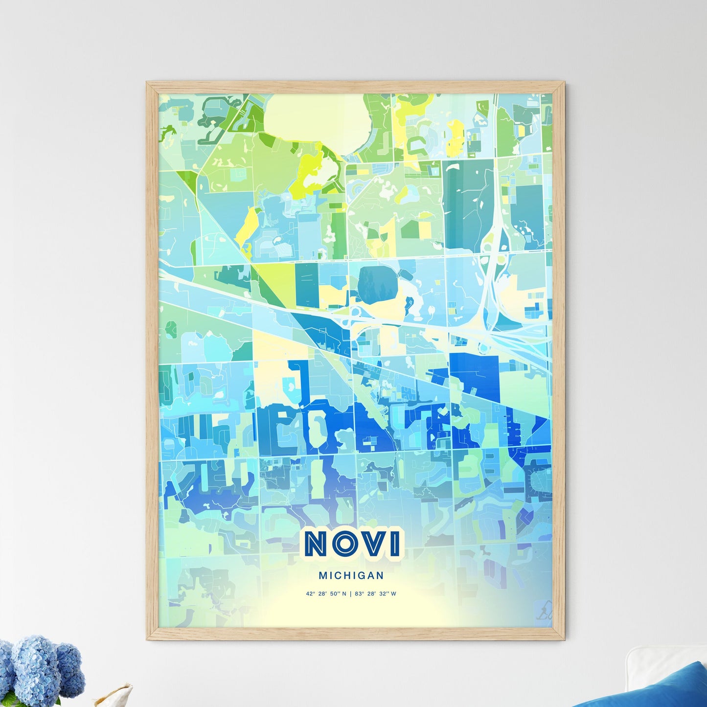 Colorful NOVI MICHIGAN Fine Art Map Cool Blue