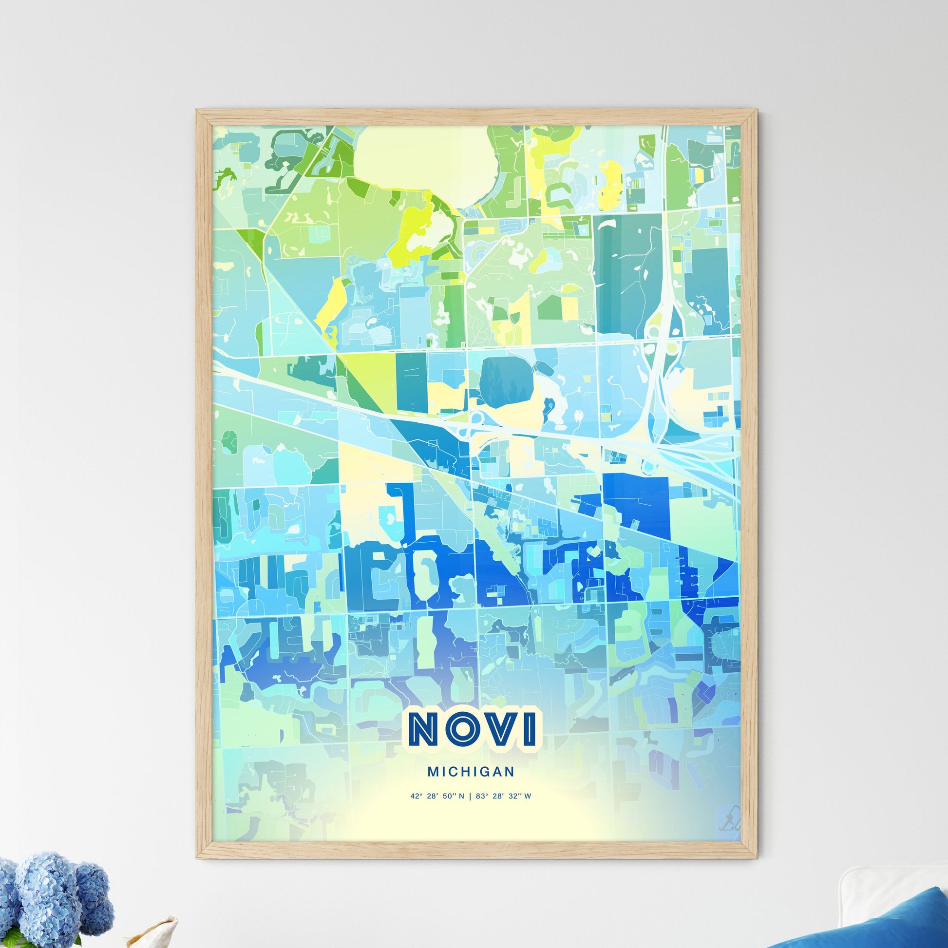 Colorful NOVI MICHIGAN Fine Art Map Cool Blue