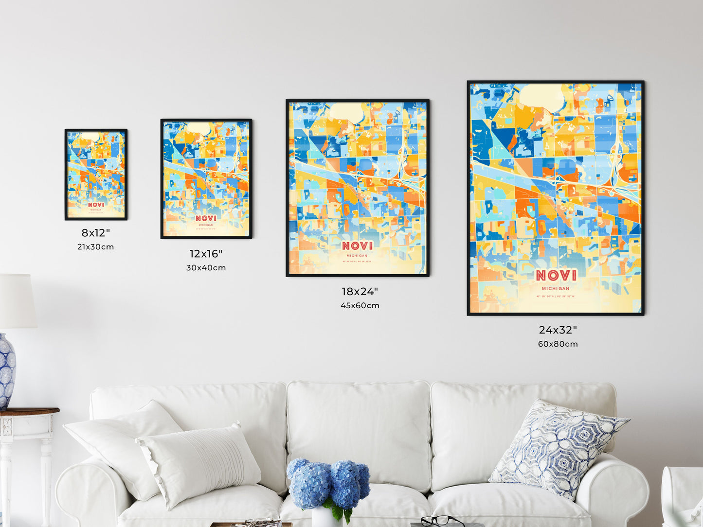 Colorful NOVI MICHIGAN Fine Art Map Blue Orange