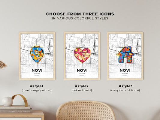Novi Michigan maps with colorful icons