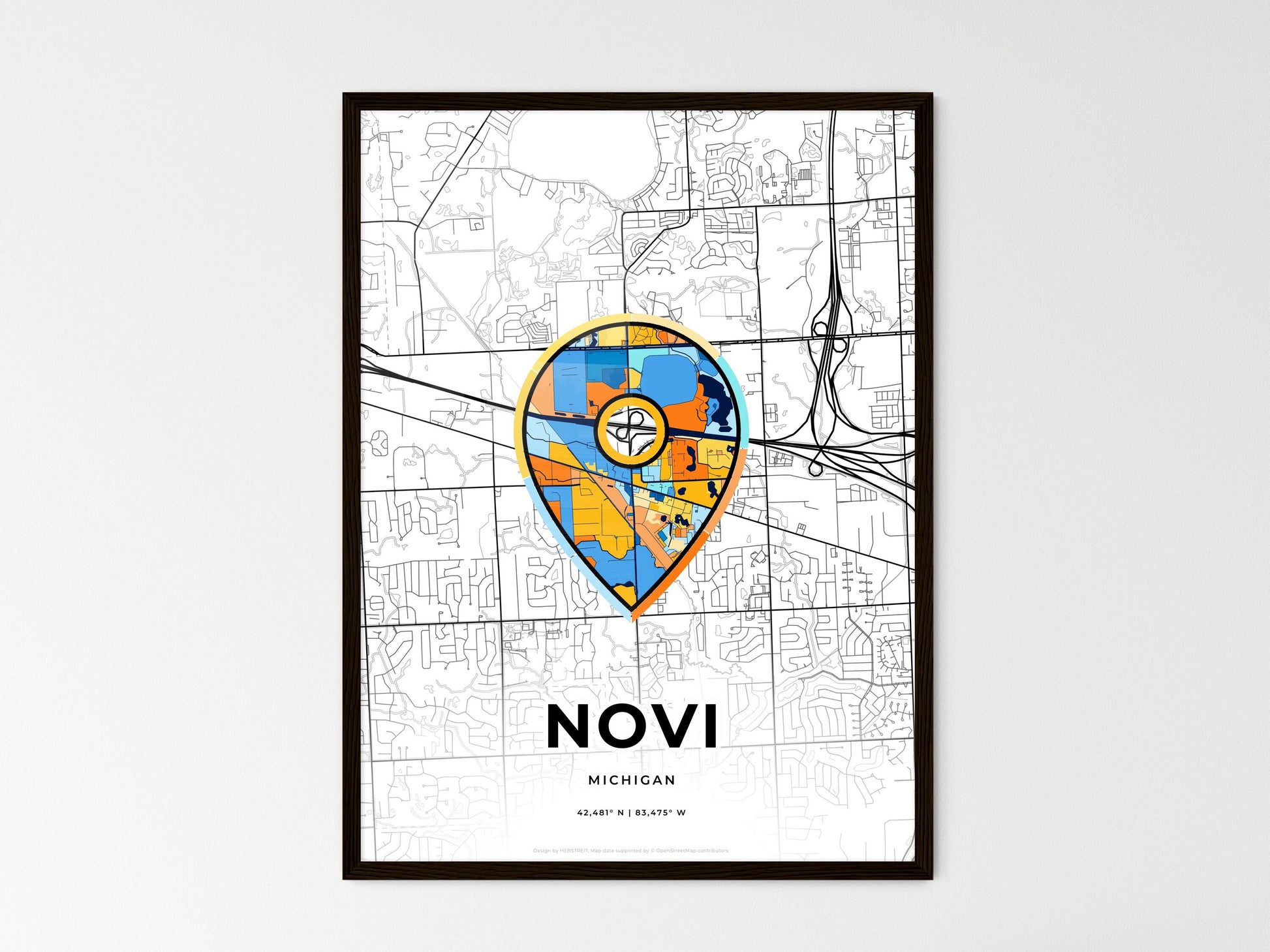 Novi Michigan wedding art map with pointer icon