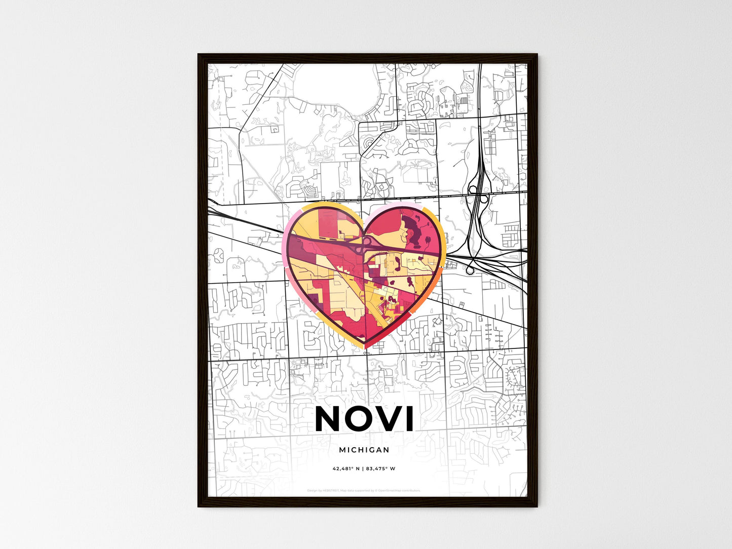 Novi Michigan wedding art map with heart icon