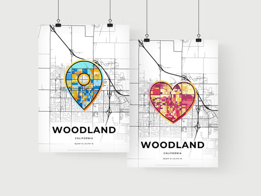 WOODLAND CALIFORNIA minimal art map with a colorful icon. Where it all began, Couple map gift.