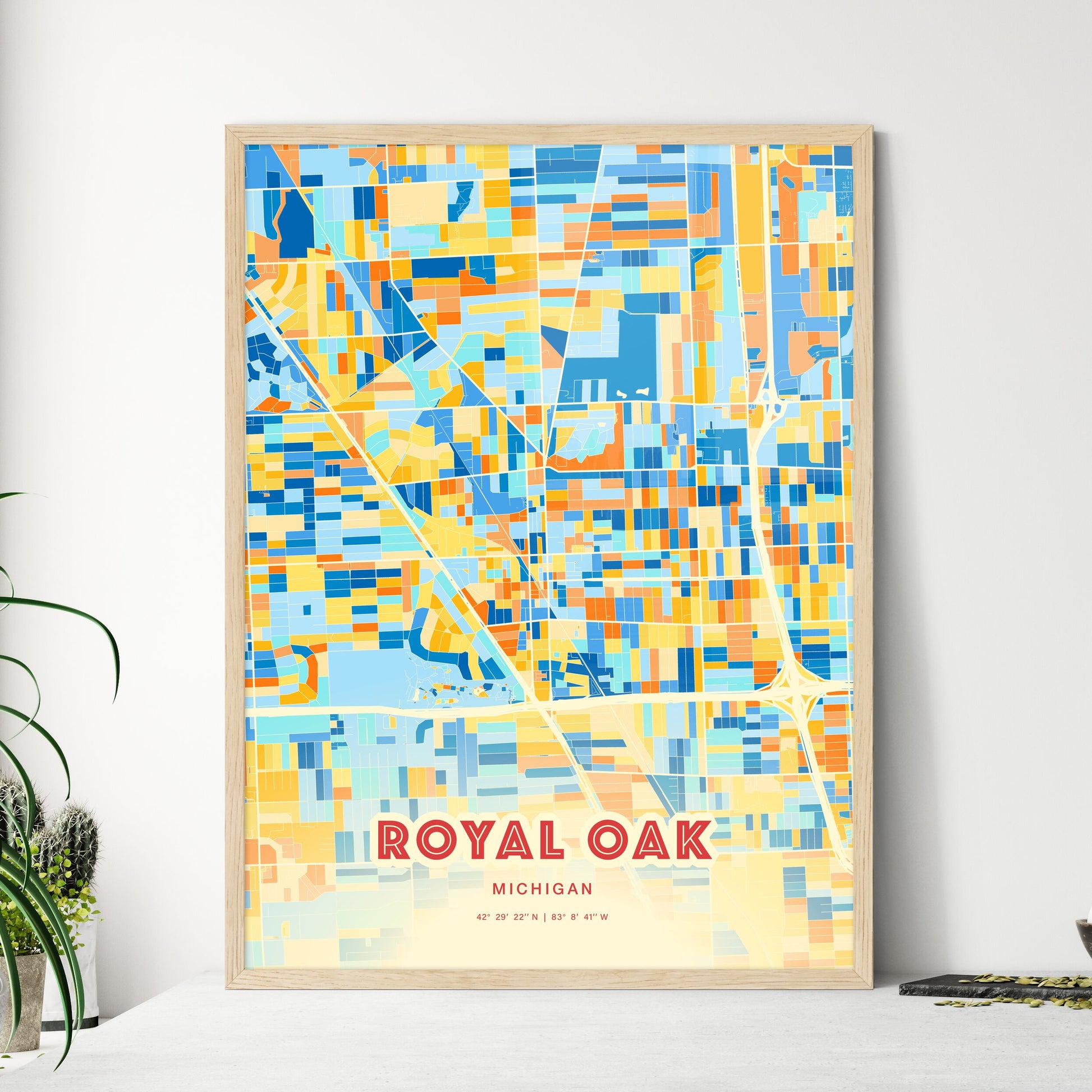 Colorful Royal Oak Michigan Fine Art Map Blue Orange