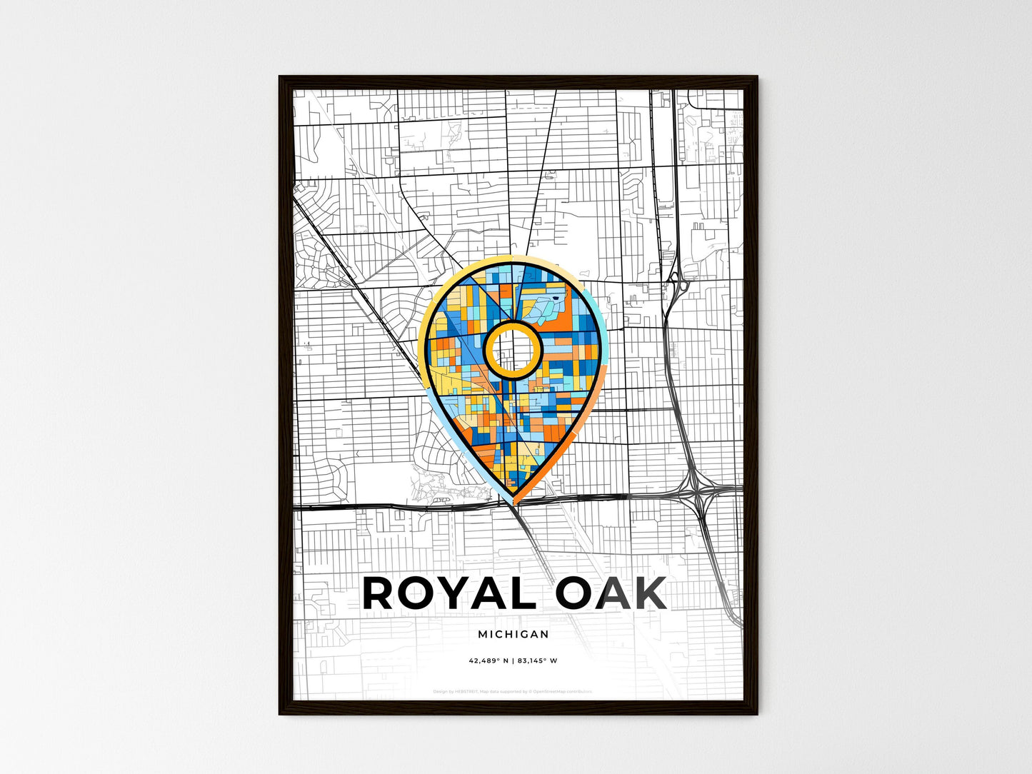 Royal Oak Michigan wedding art map with pointer icon