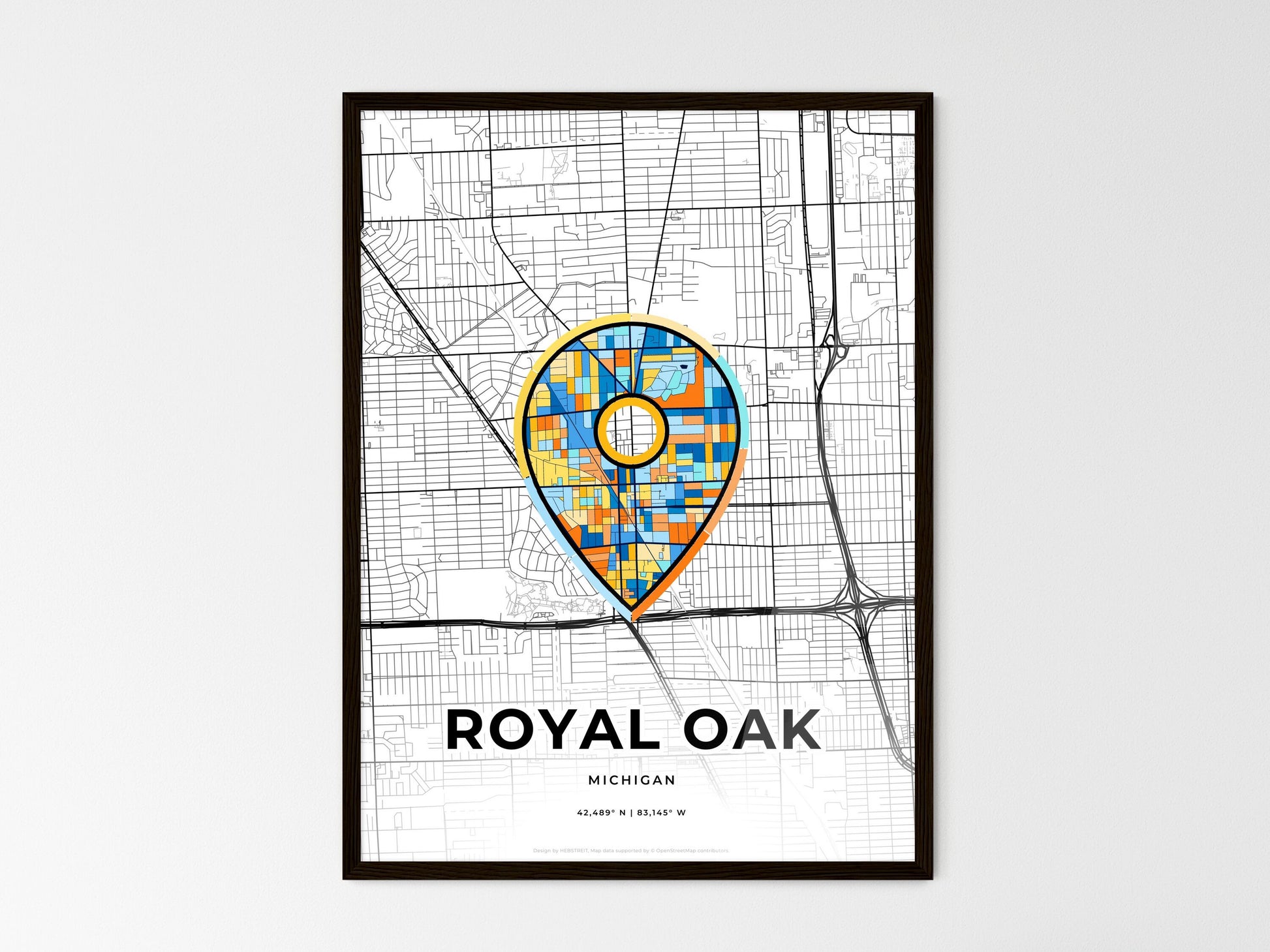 Royal Oak Michigan wedding art map with pointer icon