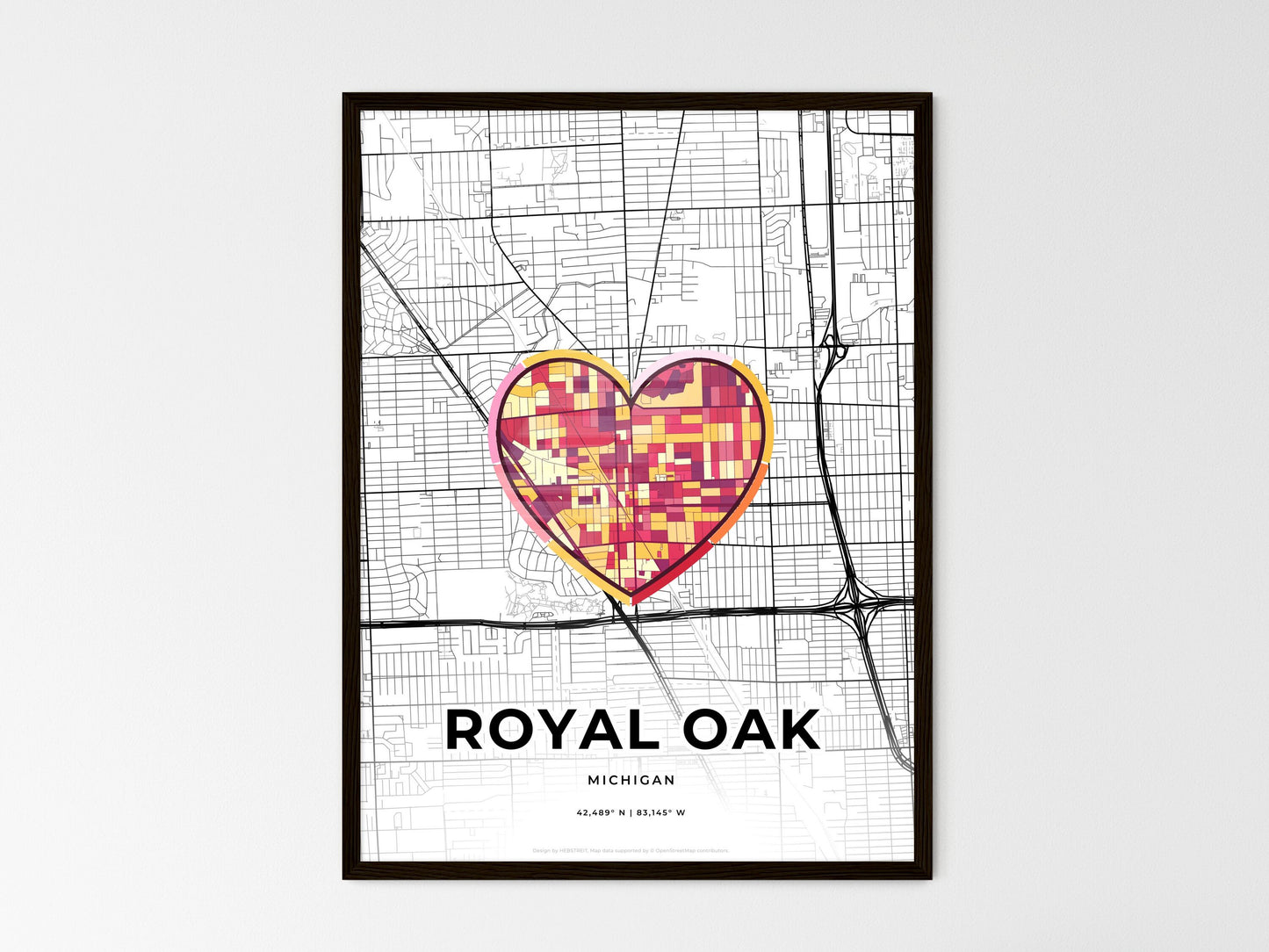 Royal Oak Michigan wedding art map with heart icon