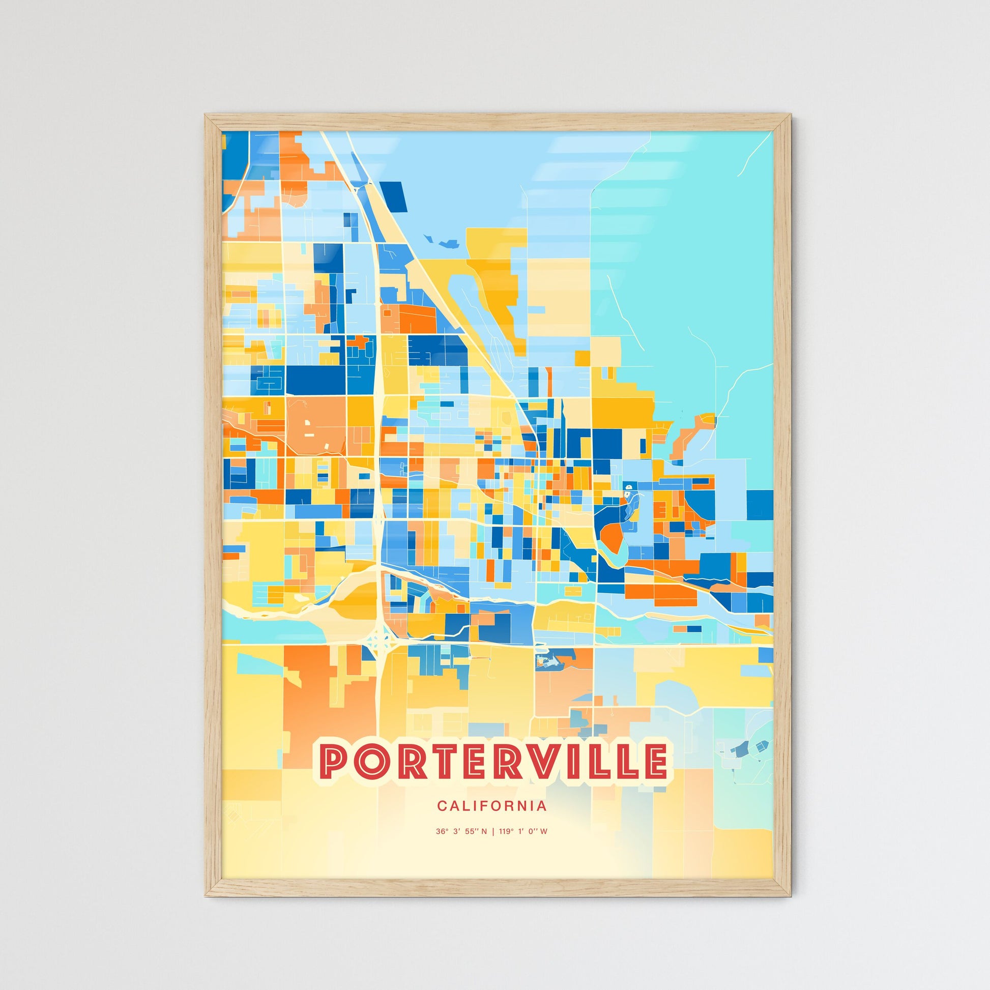 Colorful PORTERVILLE CALIFORNIA Fine Art Map Blue Orange