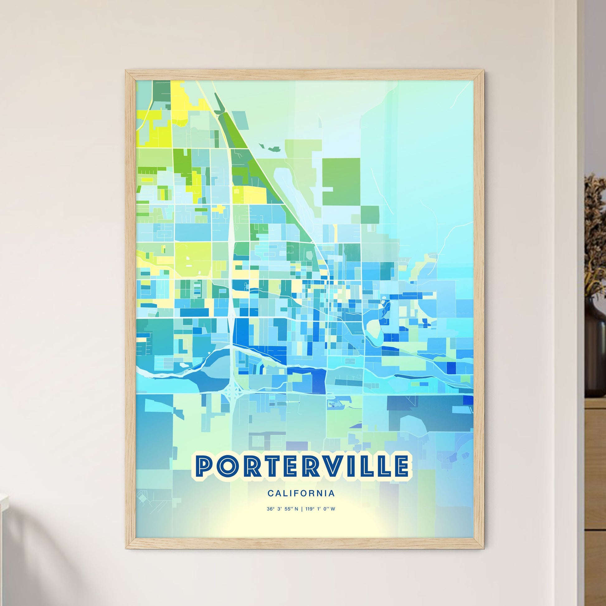 Colorful PORTERVILLE CALIFORNIA Fine Art Map Cool Blue