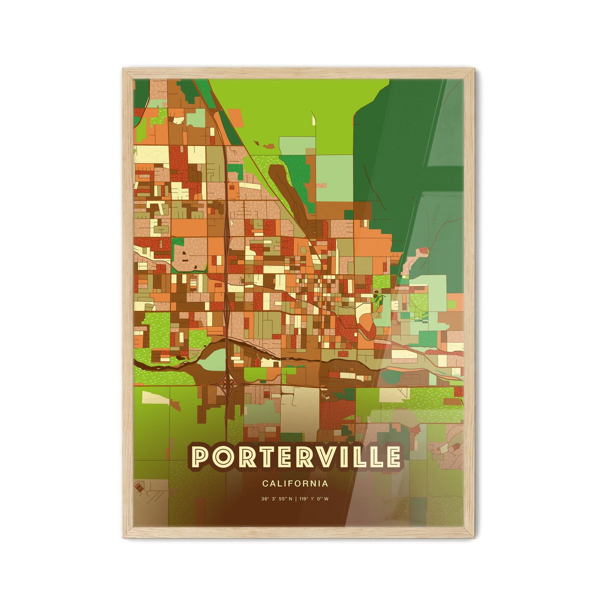 Colorful PORTERVILLE CALIFORNIA Fine Art Map Farmhouse