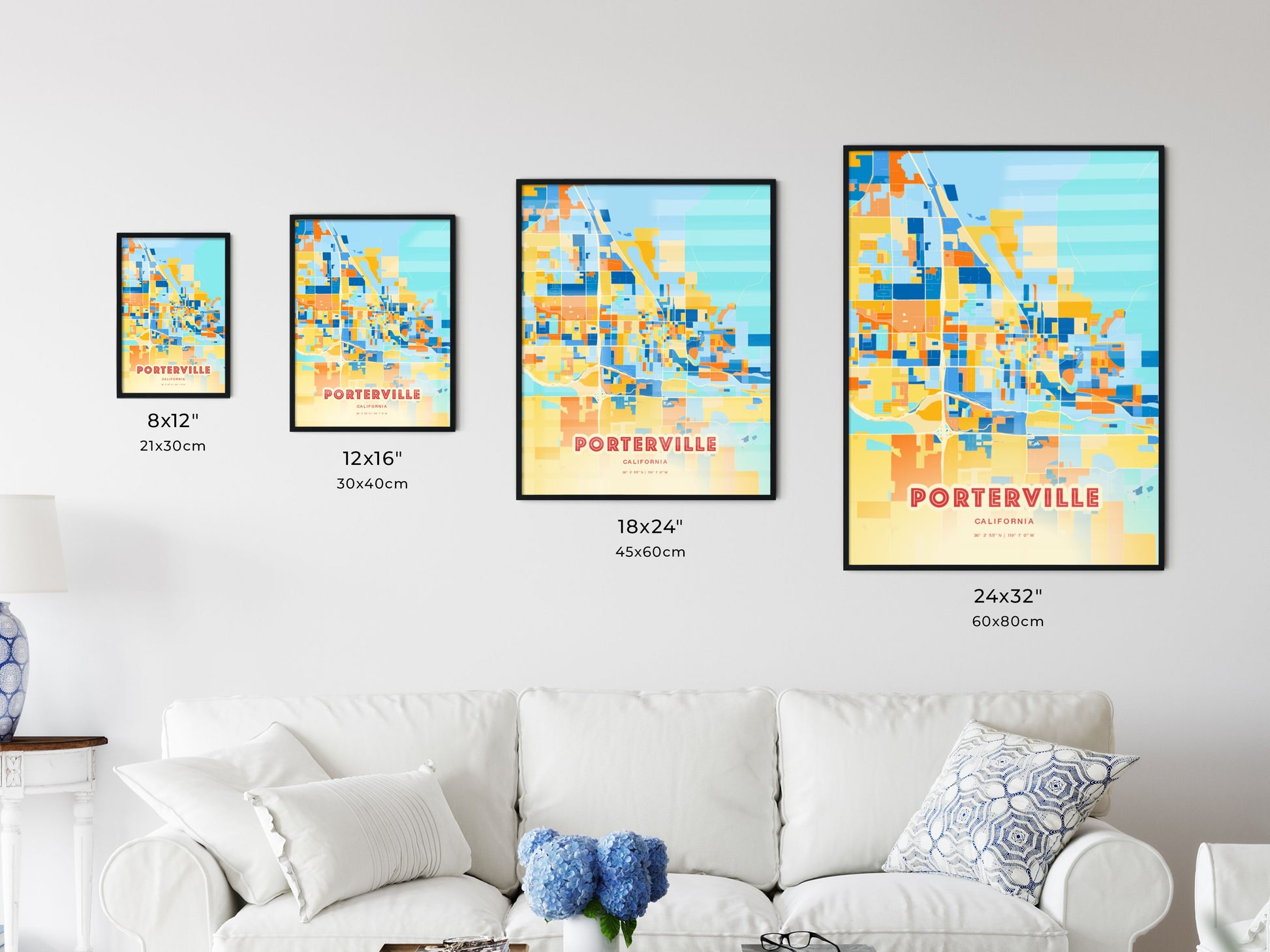 Colorful PORTERVILLE CALIFORNIA Fine Art Map Blue Orange