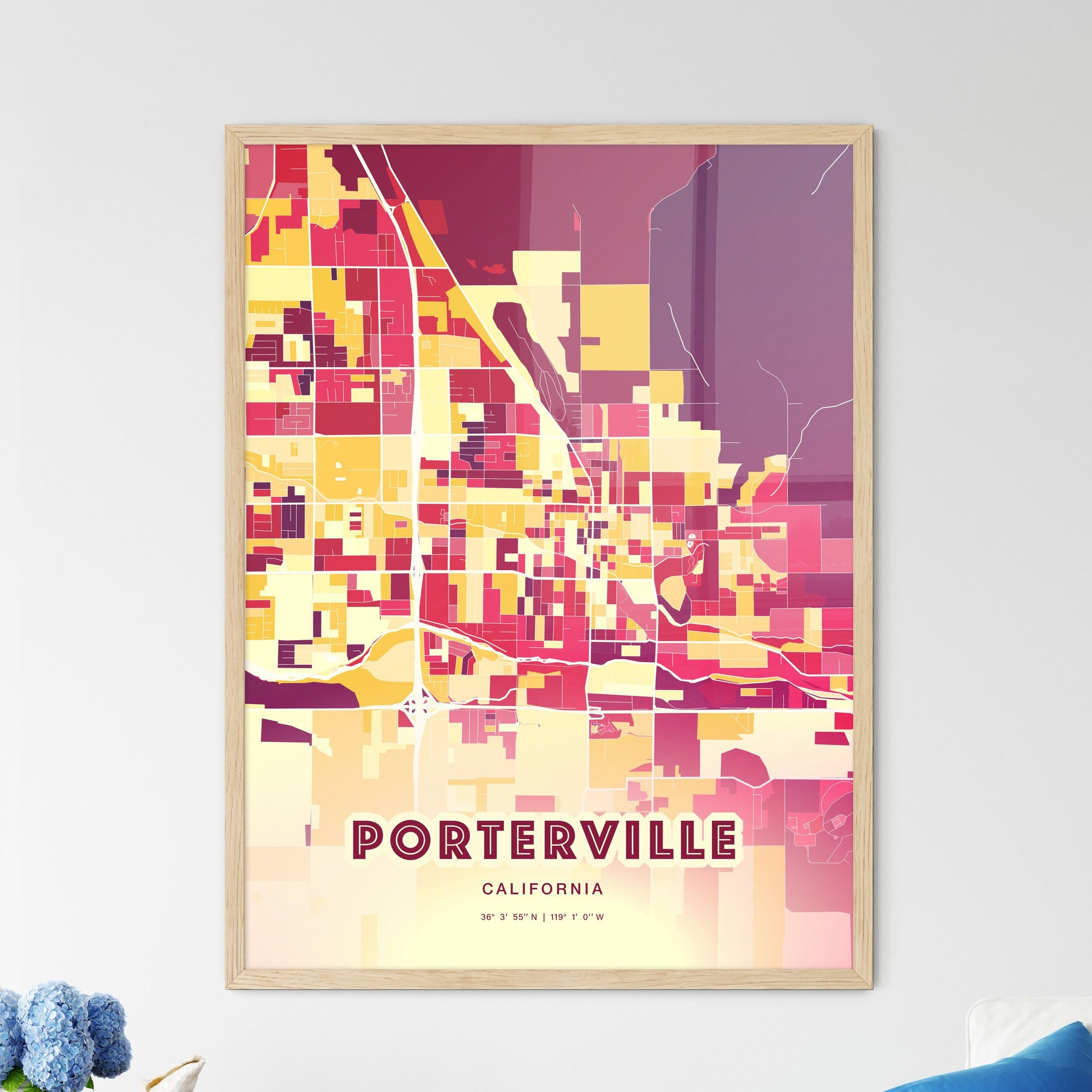 Colorful PORTERVILLE CALIFORNIA Fine Art Map Hot Red