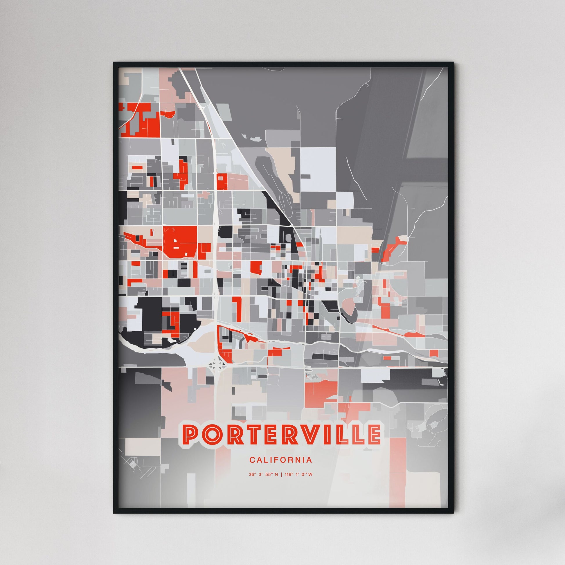 Colorful PORTERVILLE CALIFORNIA Fine Art Map Modern