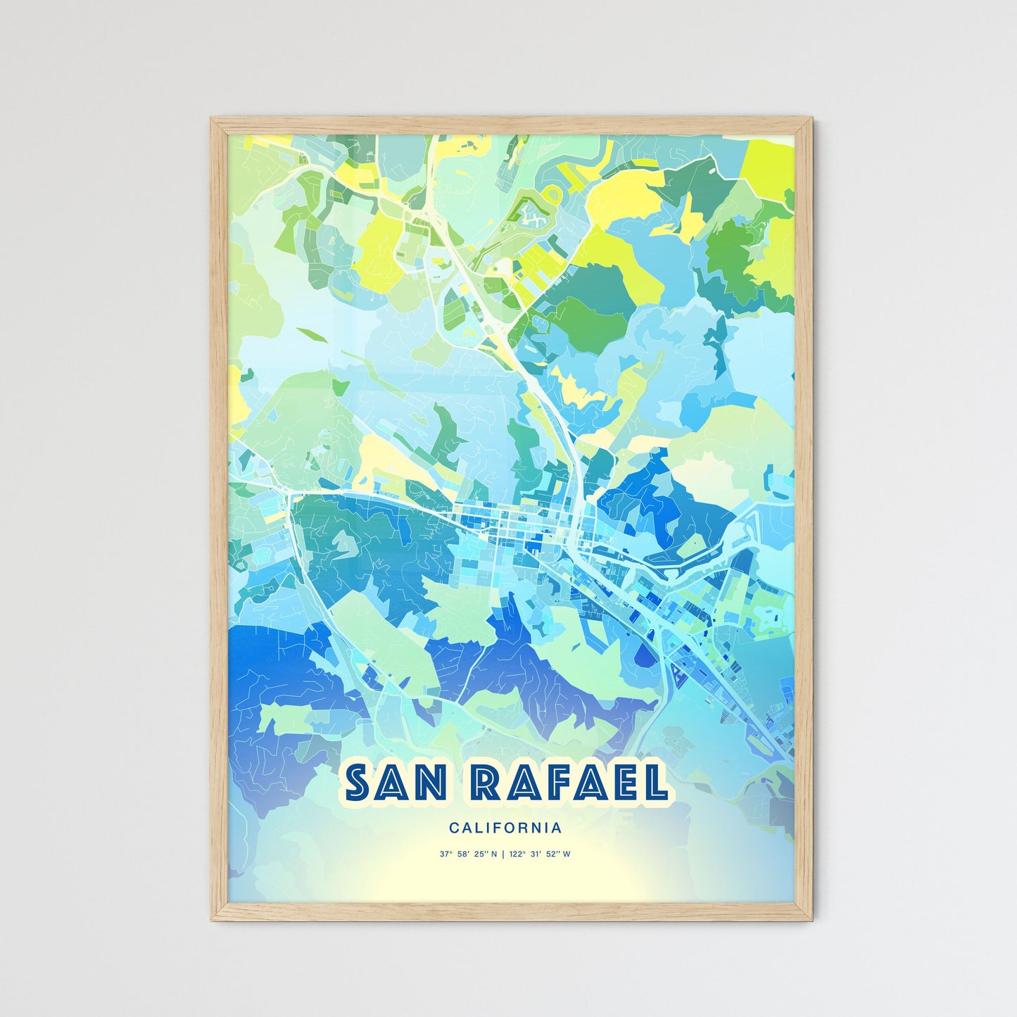 Colorful SAN RAFAEL CALIFORNIA Fine Art Map Cool Blue