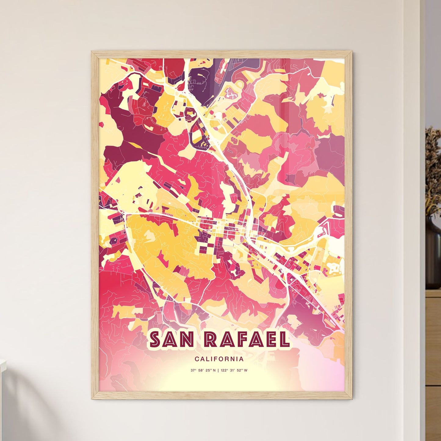 Colorful SAN RAFAEL CALIFORNIA Fine Art Map Hot Red
