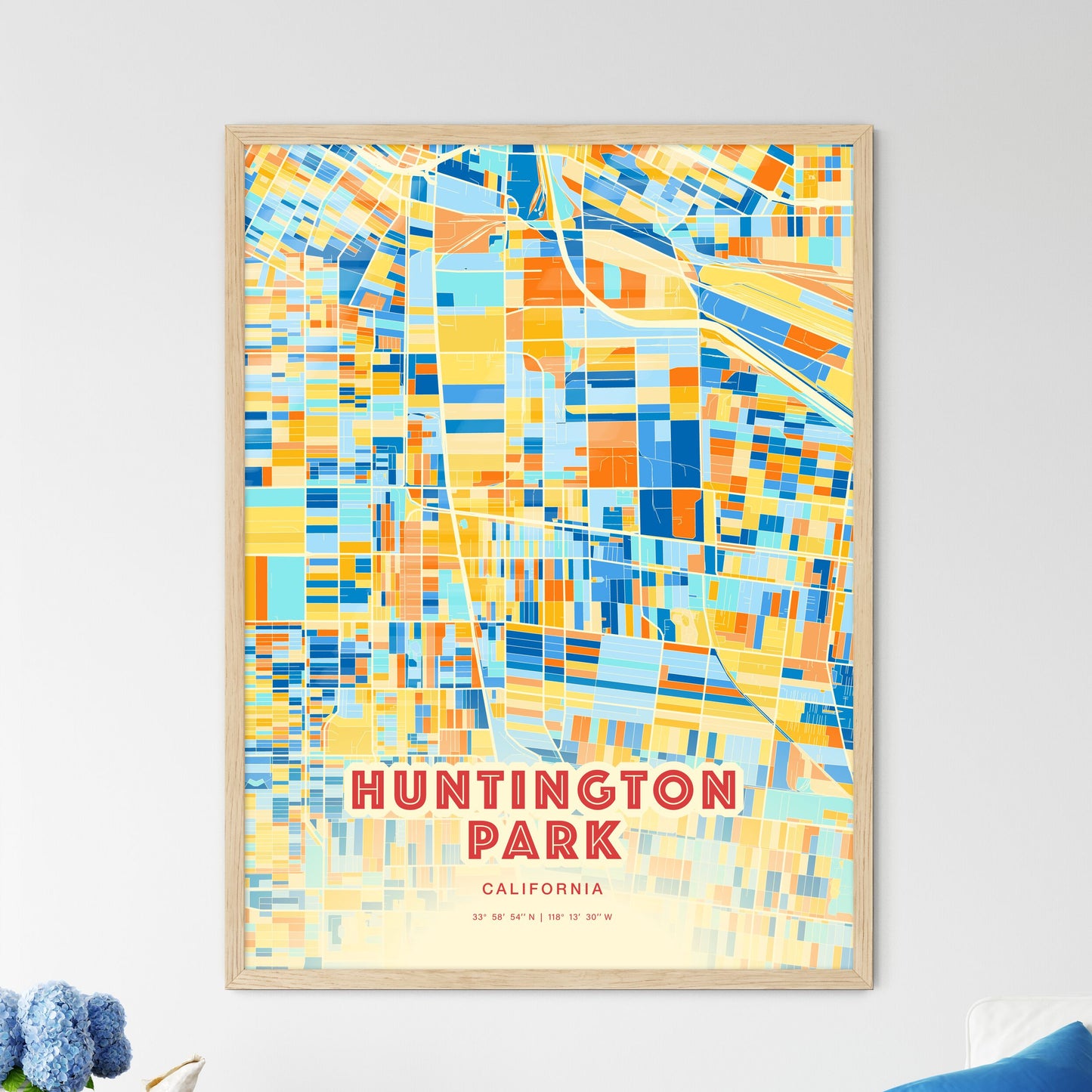 Colorful Huntington Park California Fine Art Map Blue Orange