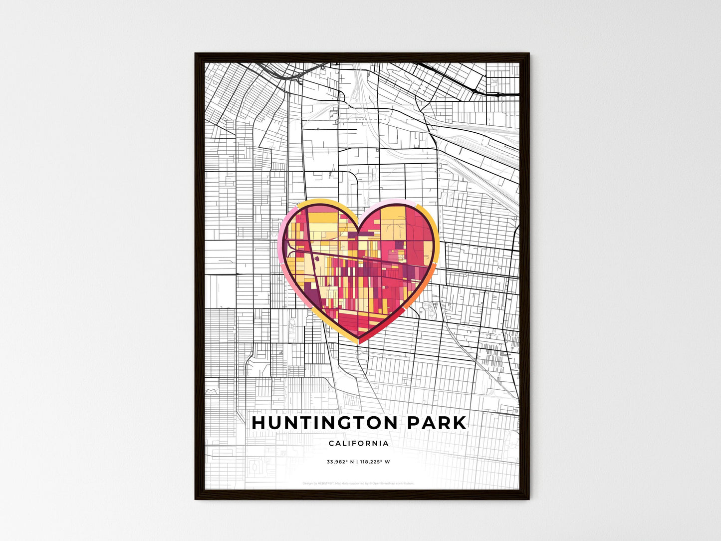 Huntington Park California wedding art map with heart icon
