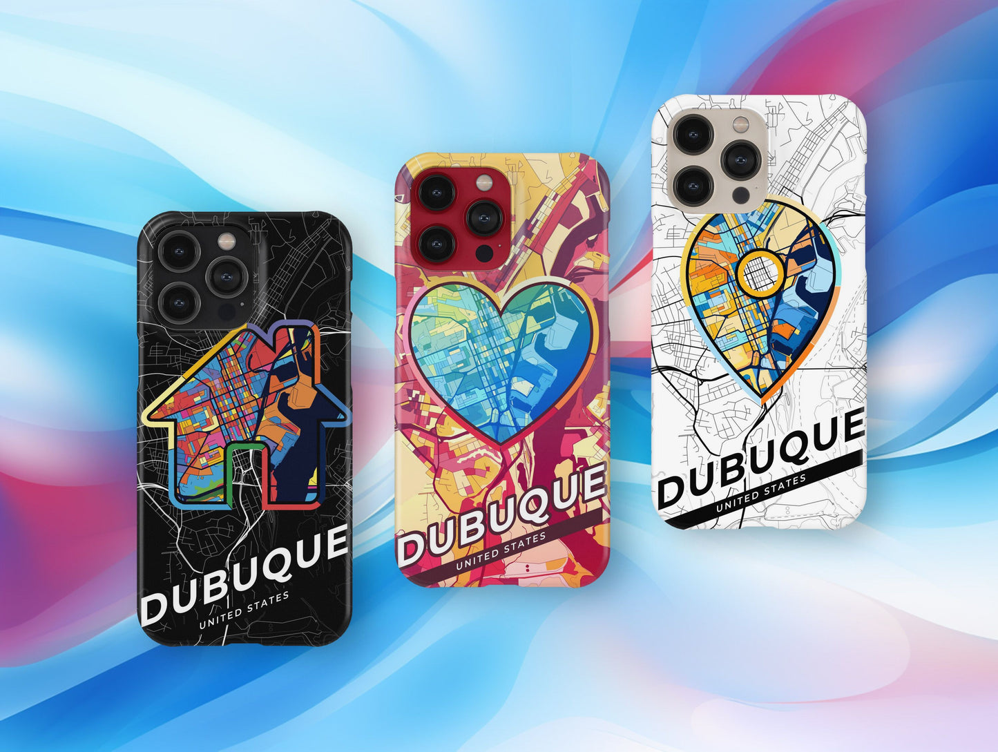 Dubuque Iowa slim phone case with colorful icon. Birthday, wedding or housewarming gift. Couple match cases.