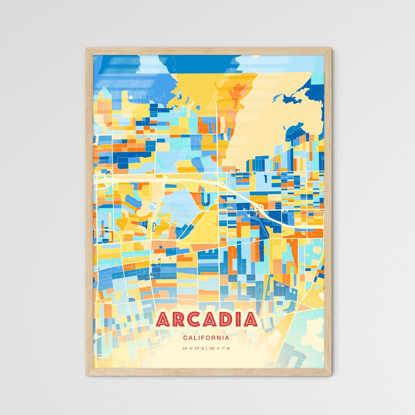 Colorful ARCADIA CALIFORNIA Fine Art Map Blue Orange