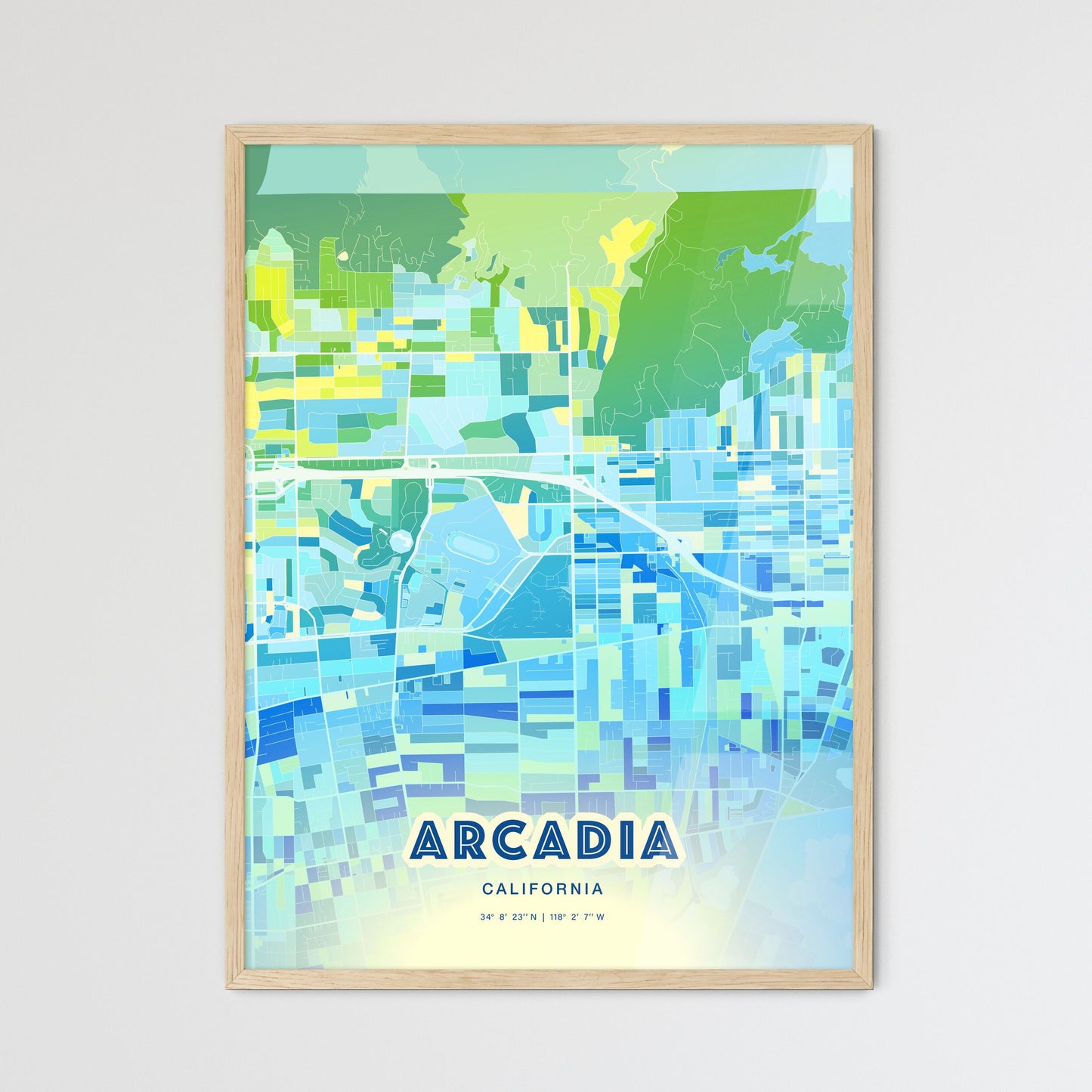 Colorful ARCADIA CALIFORNIA Fine Art Map Cool Blue