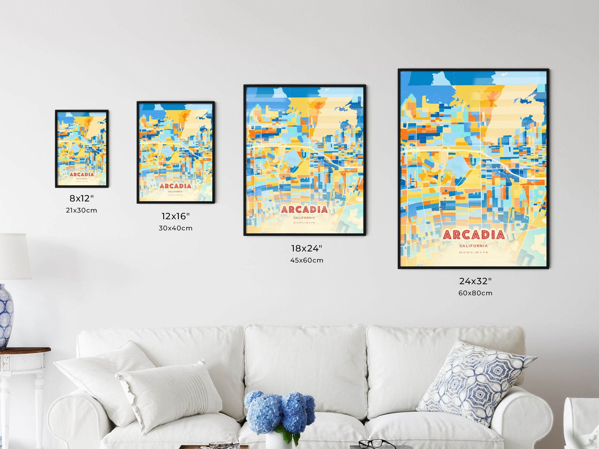 Colorful ARCADIA CALIFORNIA Fine Art Map Blue Orange