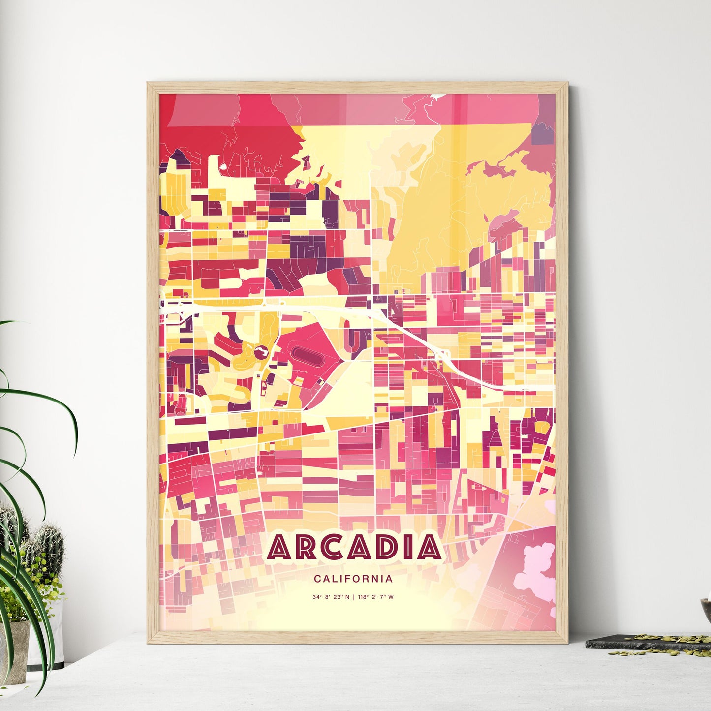 Colorful ARCADIA CALIFORNIA Fine Art Map Hot Red