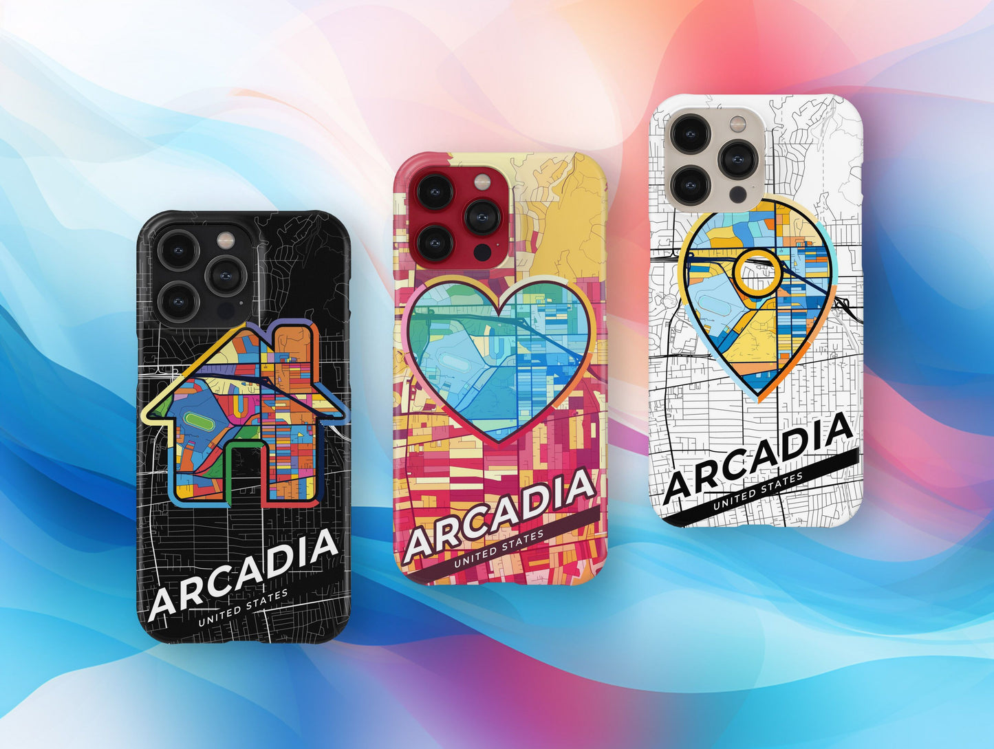 Arcadia California slim phone case with colorful icon. Birthday, wedding or housewarming gift. Couple match cases.