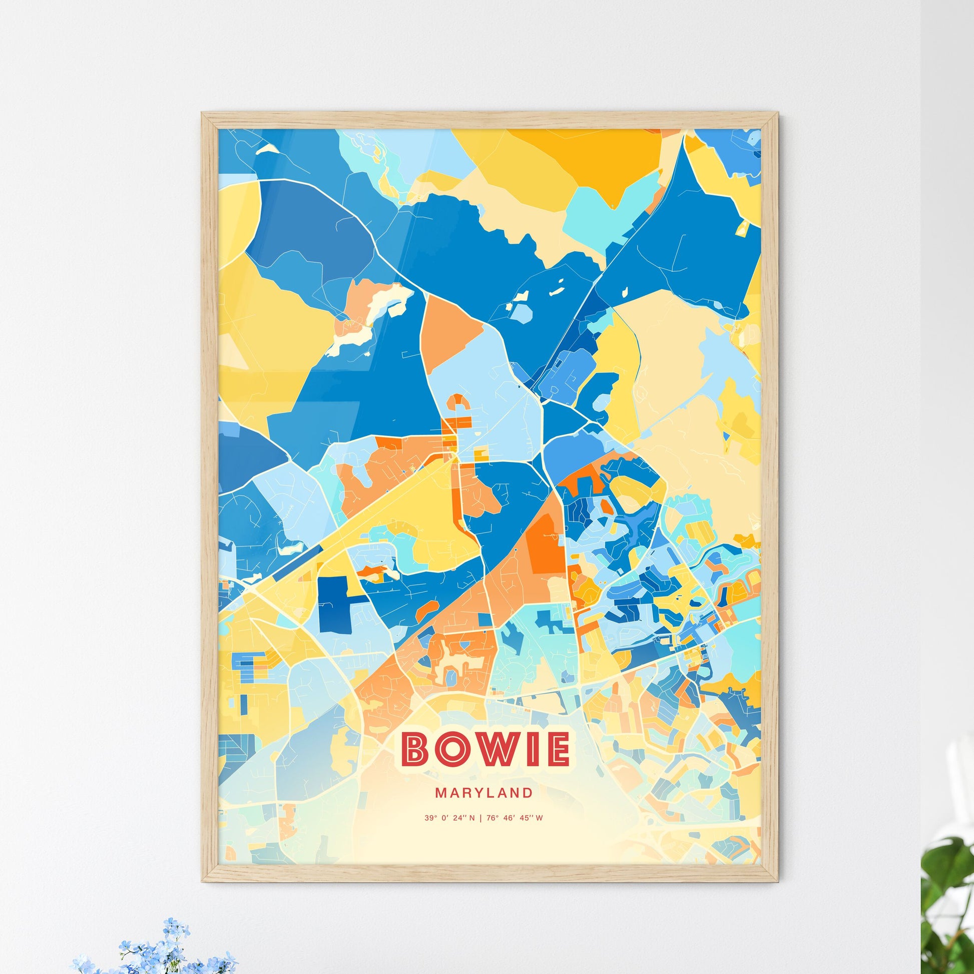 Colorful BOWIE MARYLAND Fine Art Map Blue Orange