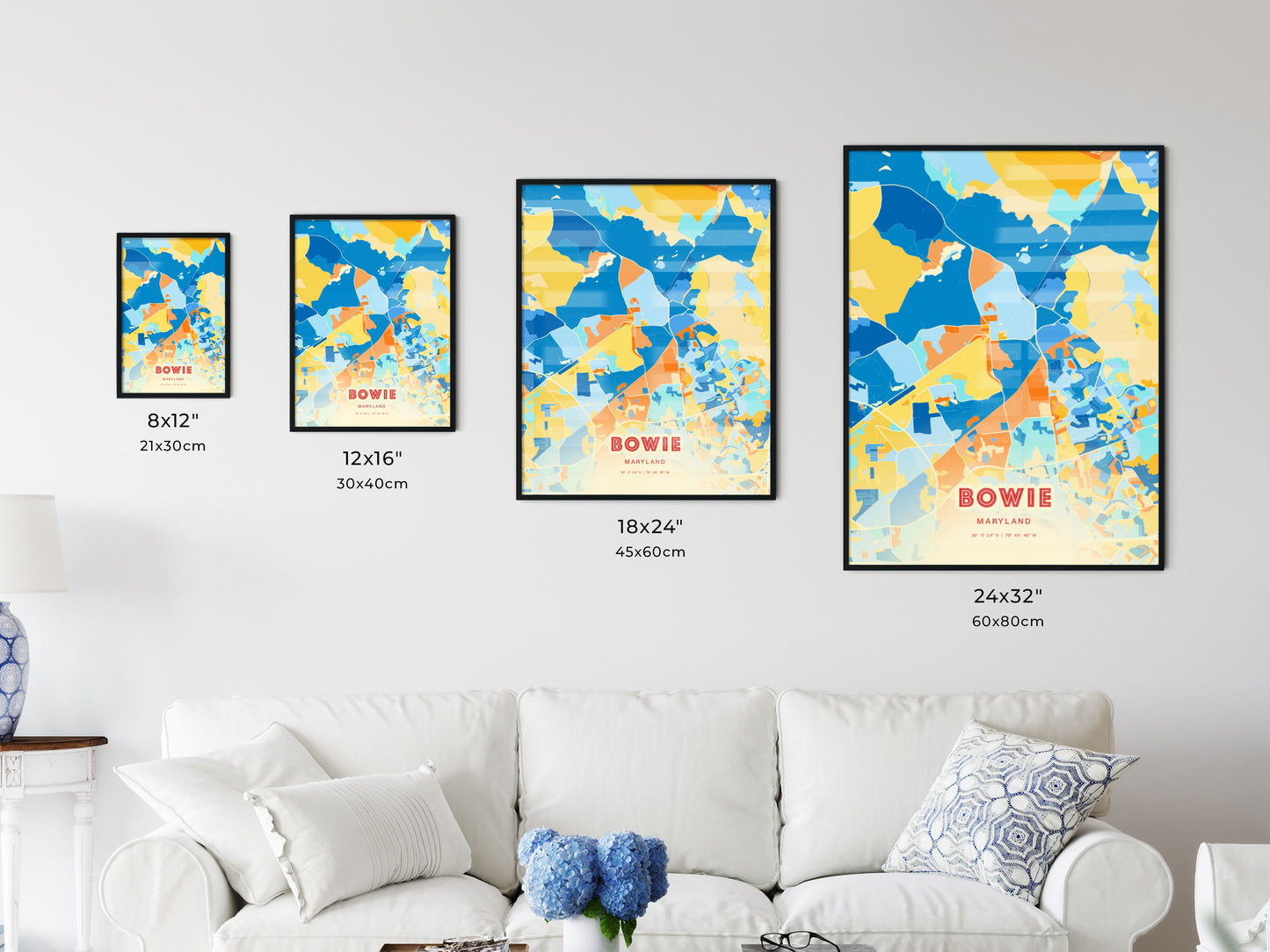 Colorful BOWIE MARYLAND Fine Art Map Blue Orange