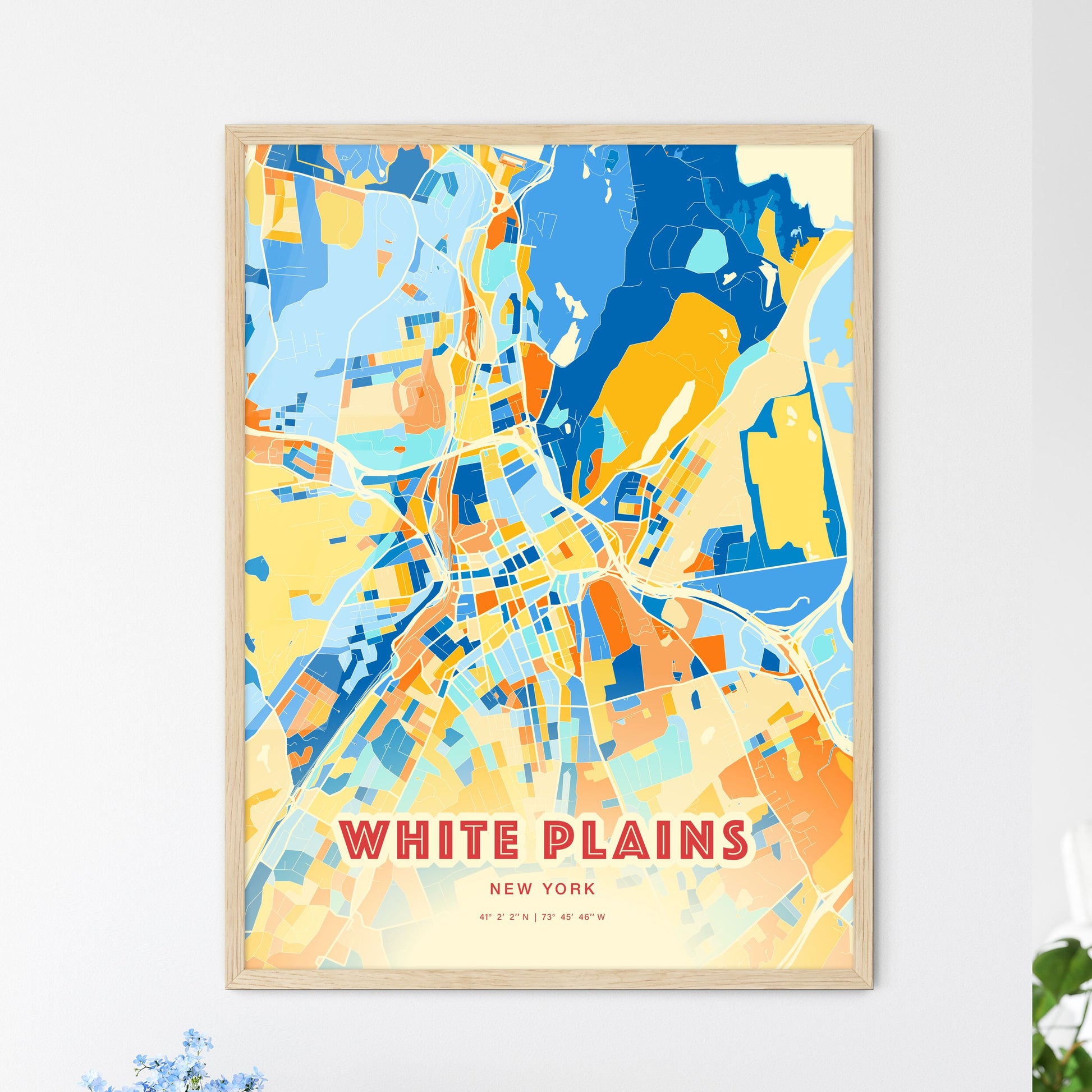 Colorful WHITE PLAINS NEW YORK Fine Art Map Blue Orange