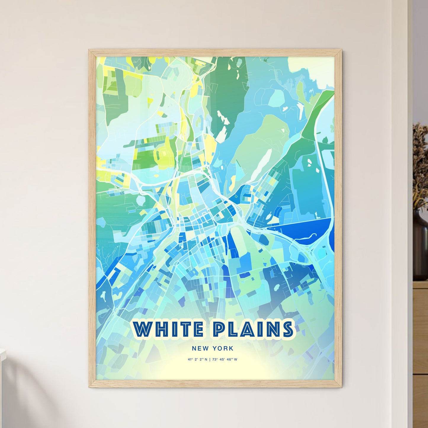 Colorful WHITE PLAINS NEW YORK Fine Art Map Cool Blue