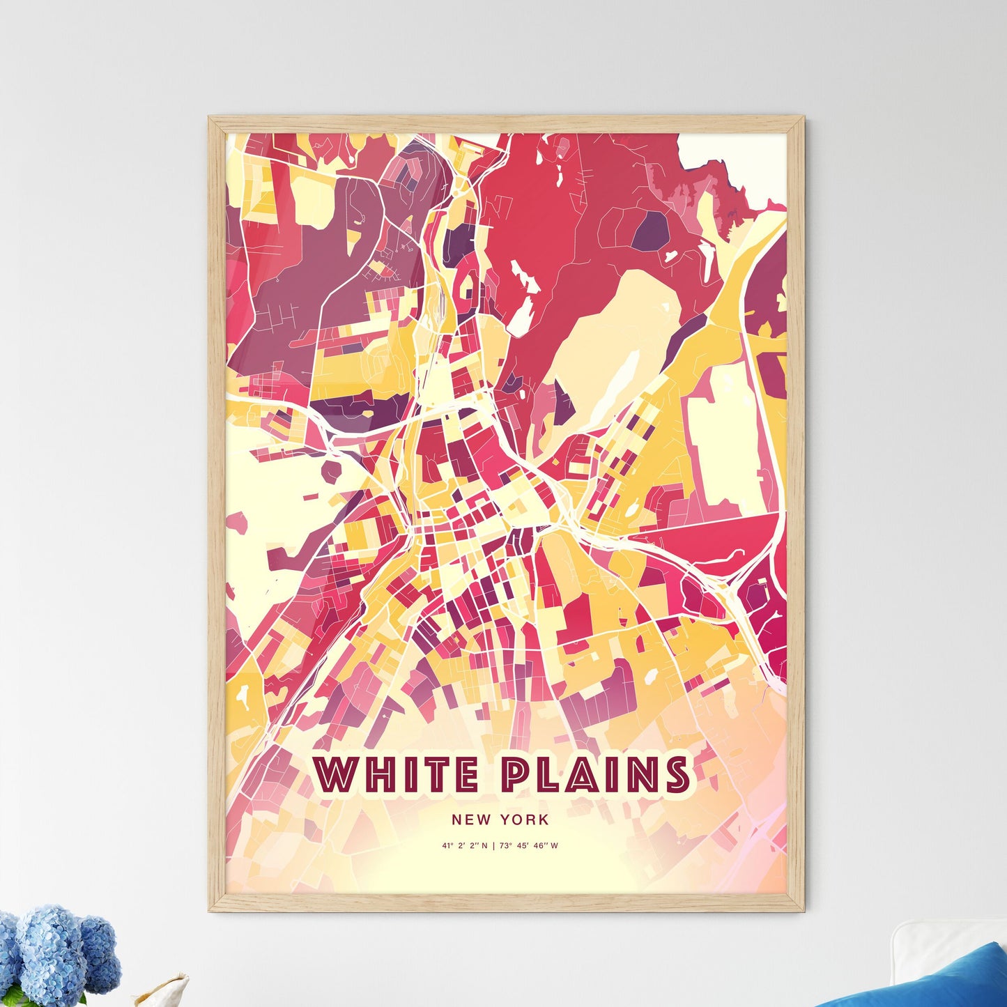 Colorful WHITE PLAINS NEW YORK Fine Art Map Hot Red