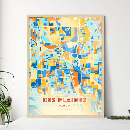 Colorful DES PLAINES ILLINOIS Fine Art Map Blue Orange