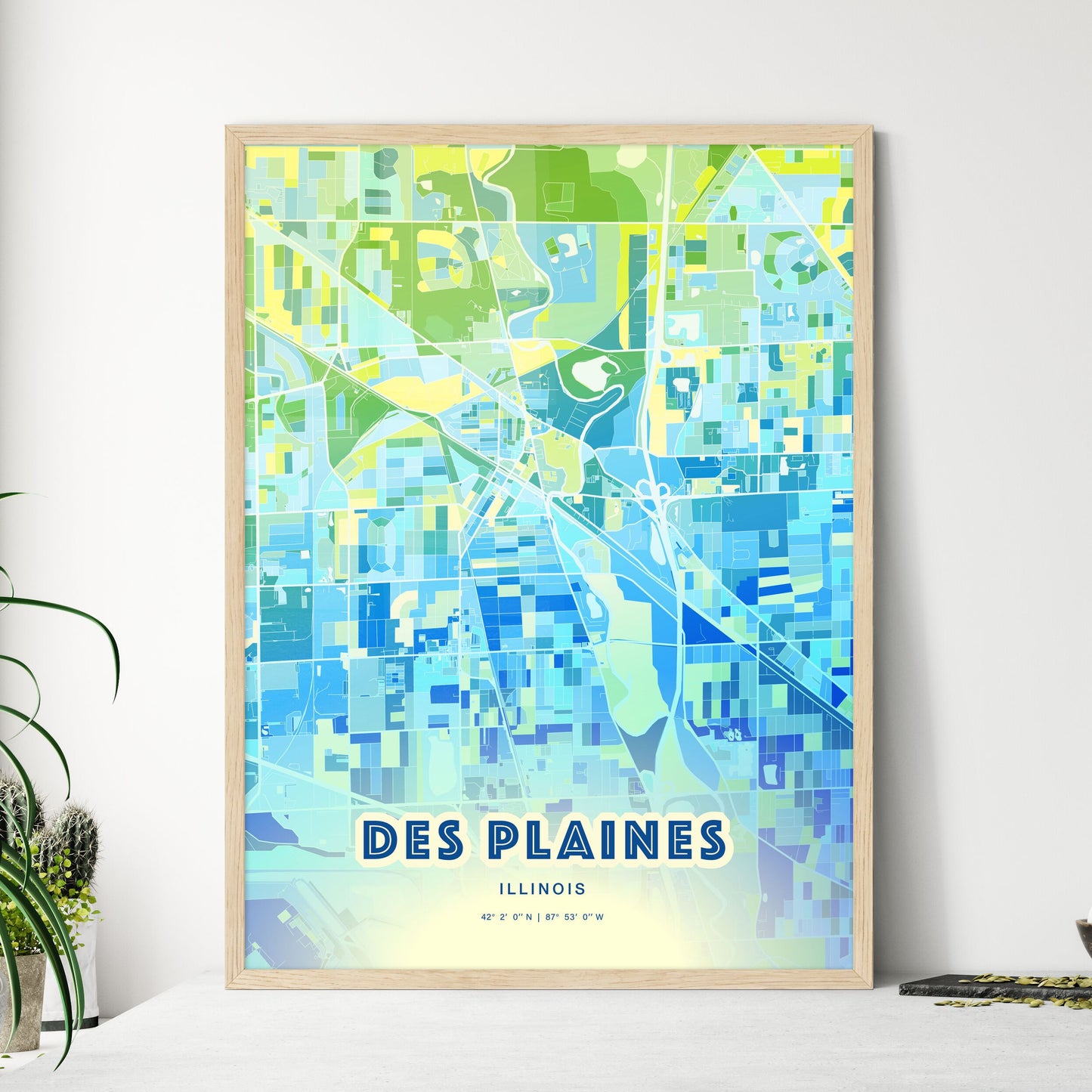 Colorful DES PLAINES ILLINOIS Fine Art Map Cool Blue