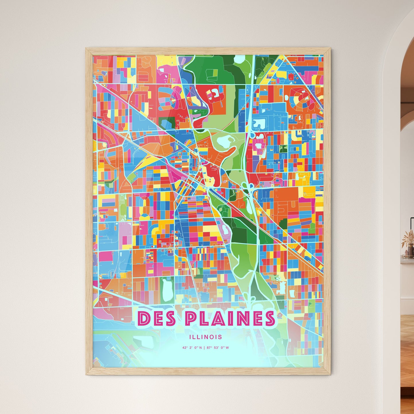 Colorful DES PLAINES ILLINOIS Fine Art Map Crazy Colors