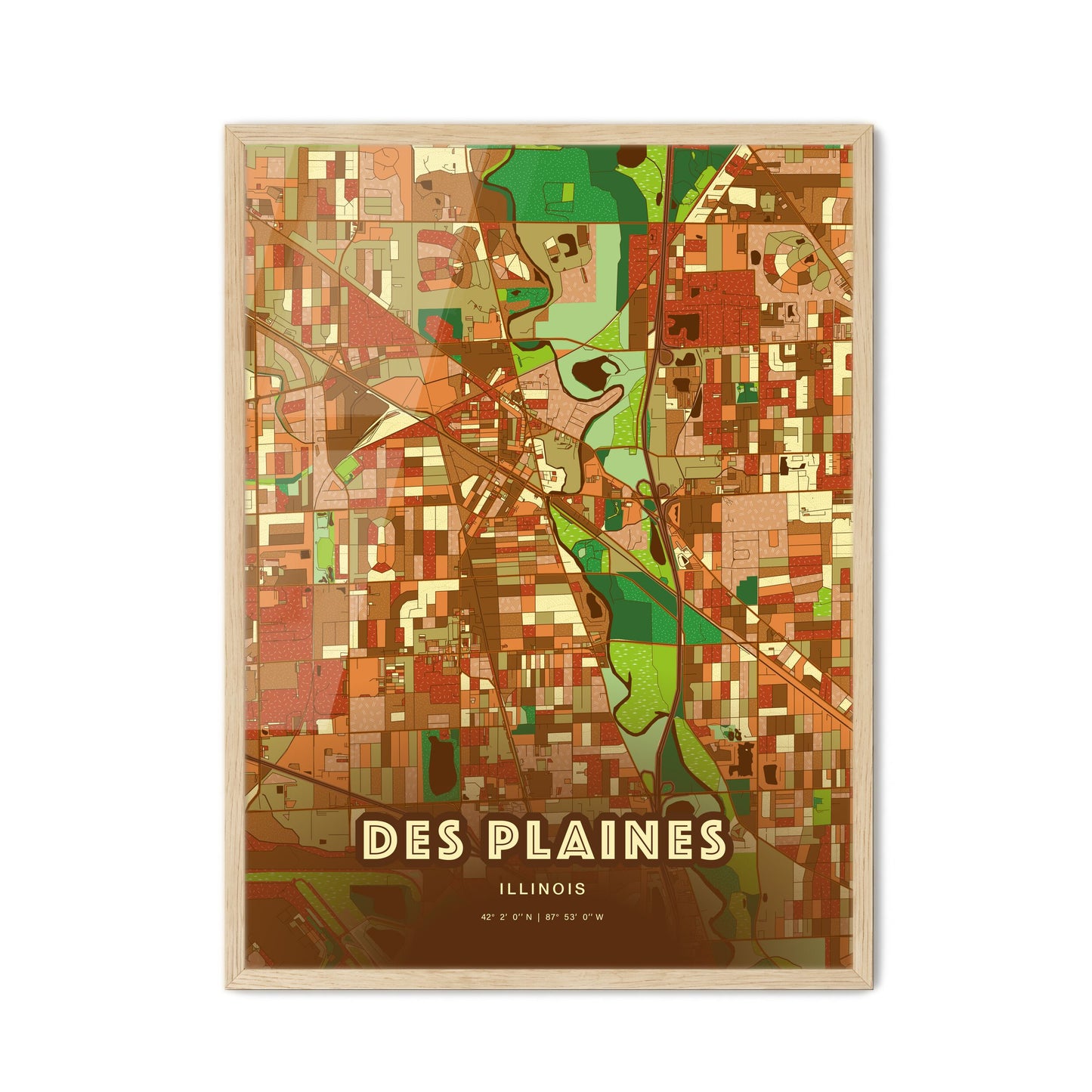 Colorful DES PLAINES ILLINOIS Fine Art Map Farmhouse