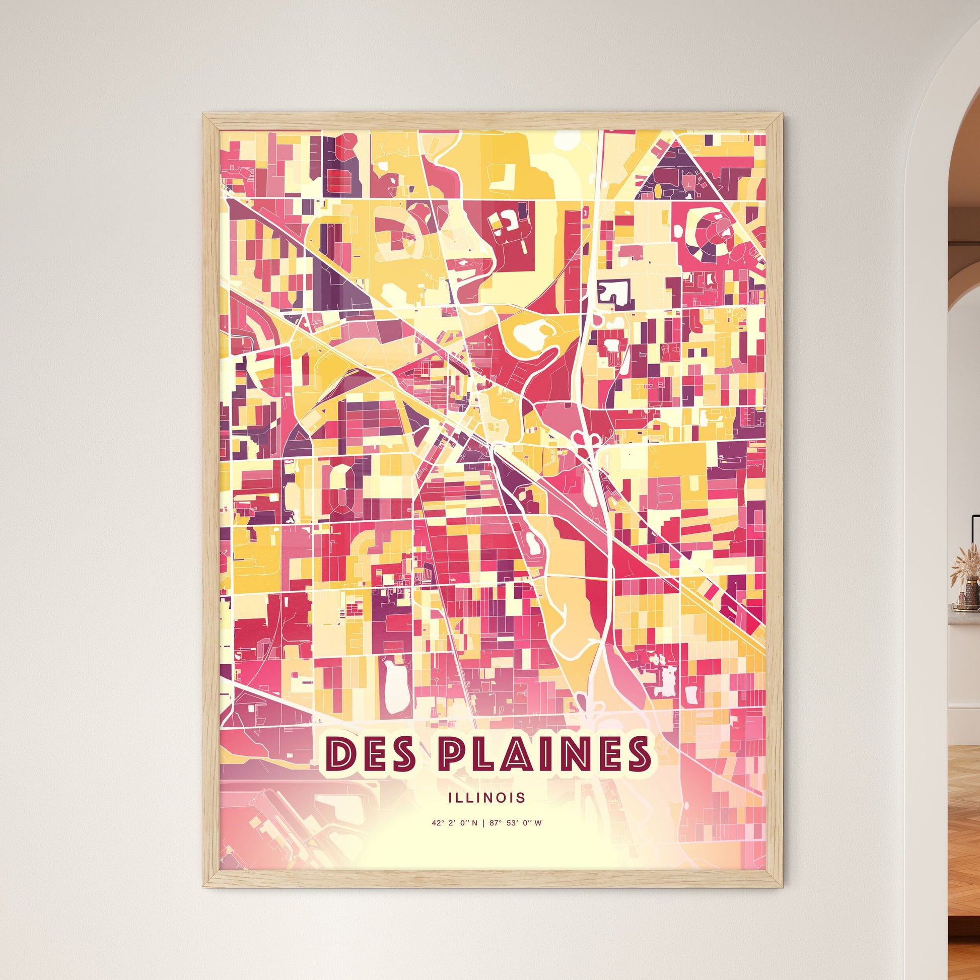 Colorful DES PLAINES ILLINOIS Fine Art Map Hot Red