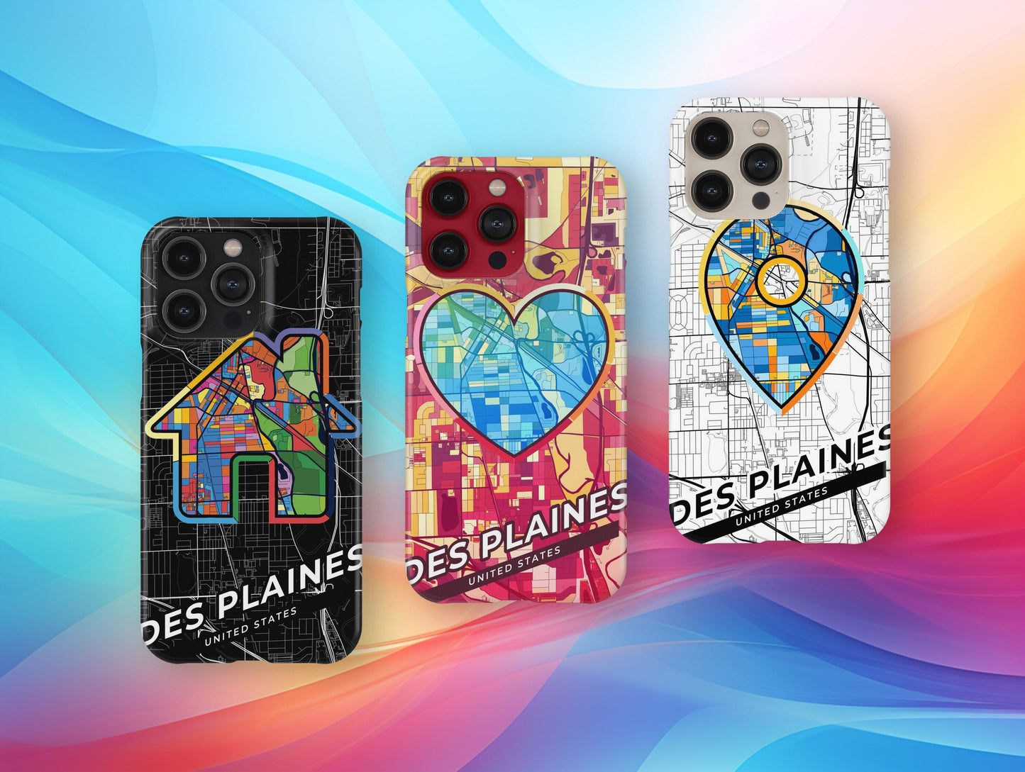 Des Plaines Illinois slim phone case with colorful icon. Birthday, wedding or housewarming gift. Couple match cases.