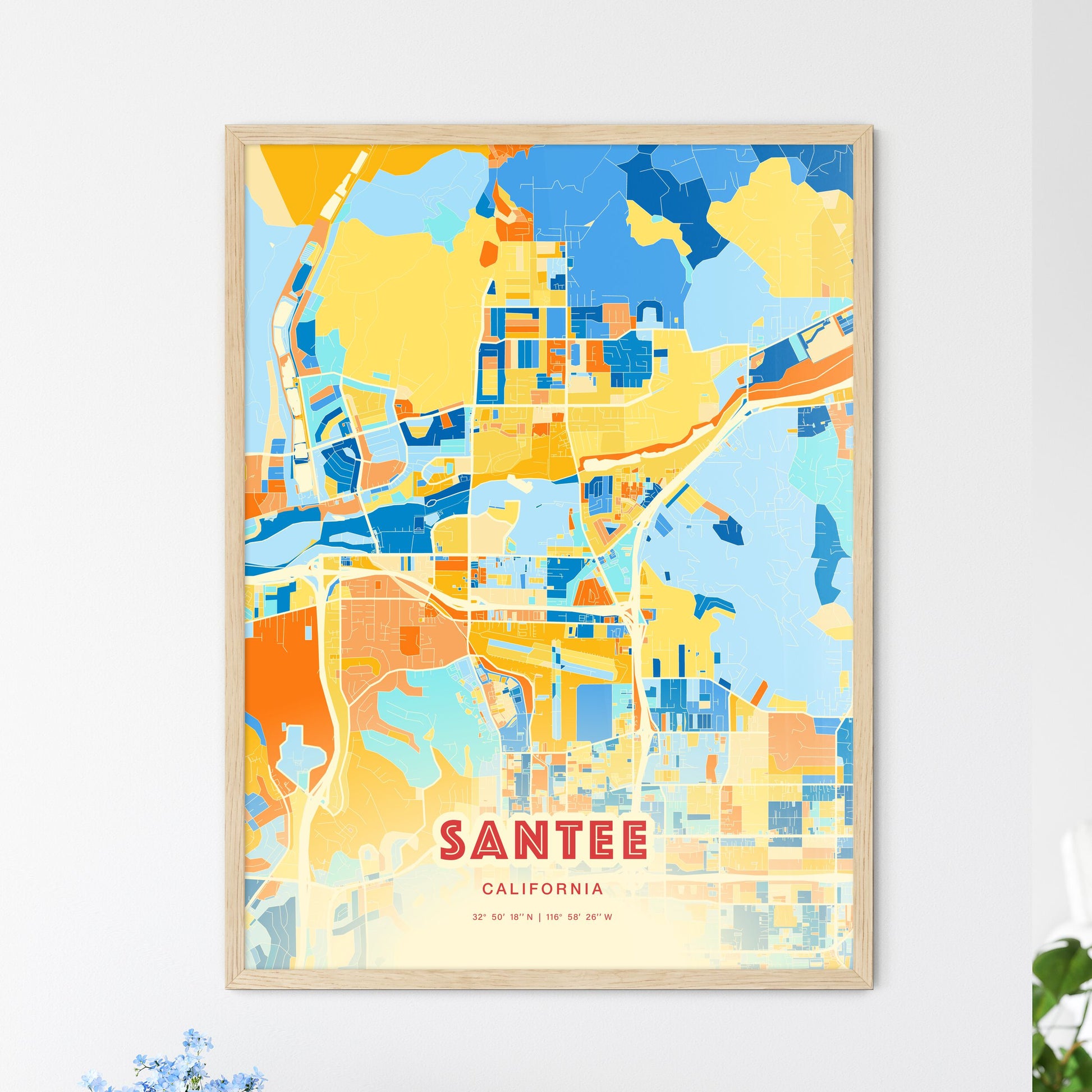 Colorful SANTEE CALIFORNIA Fine Art Map Blue Orange