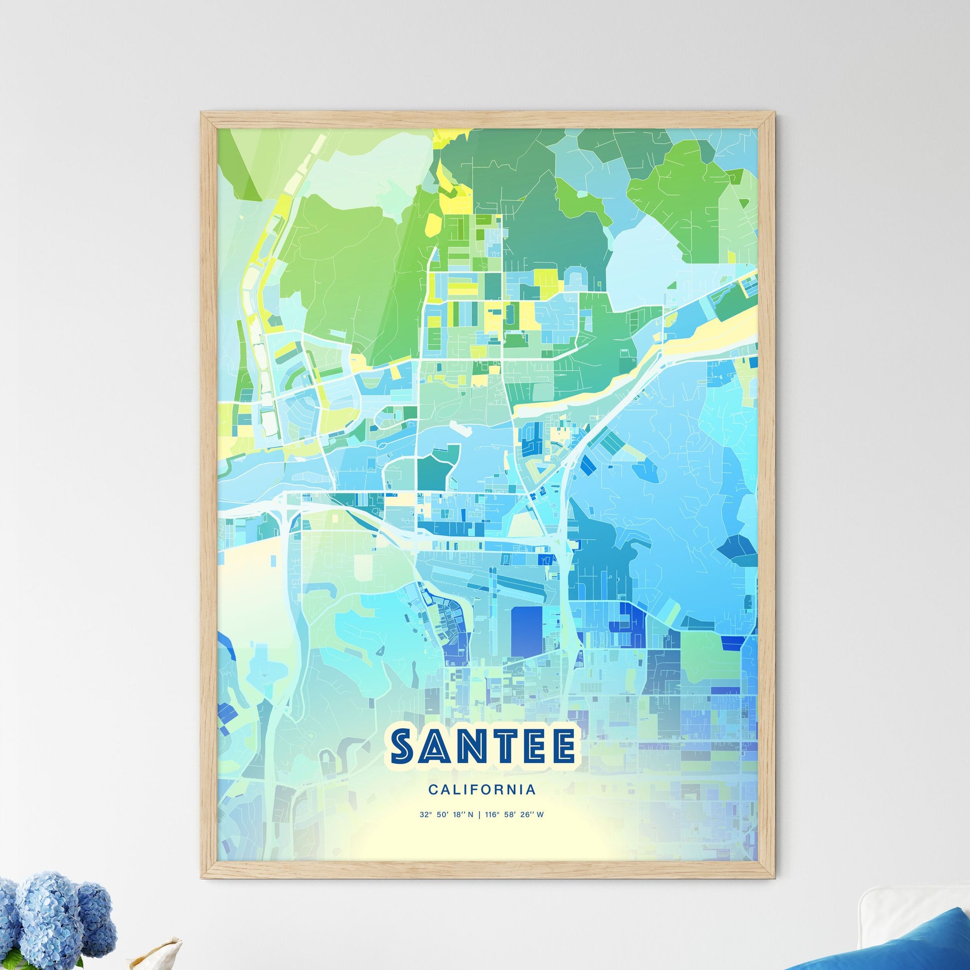 Colorful SANTEE CALIFORNIA Fine Art Map Cool Blue