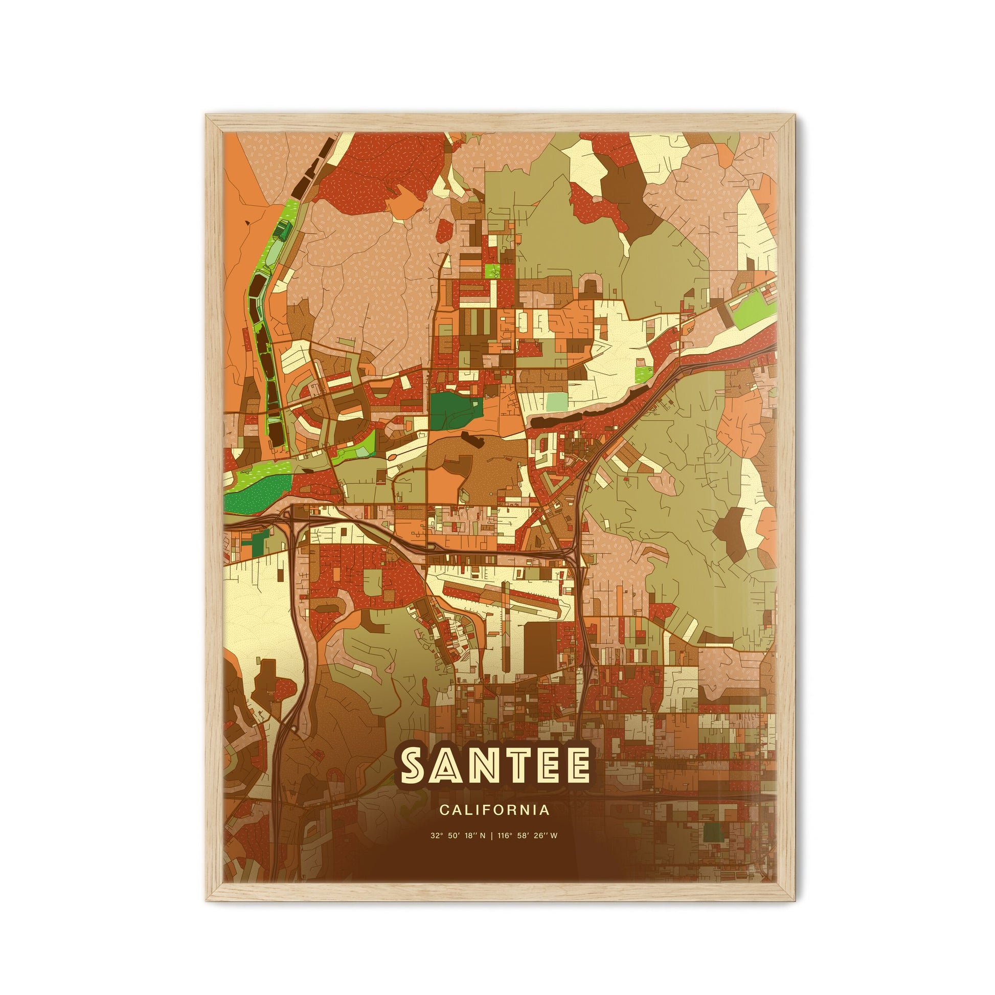 Colorful SANTEE CALIFORNIA Fine Art Map Farmhouse